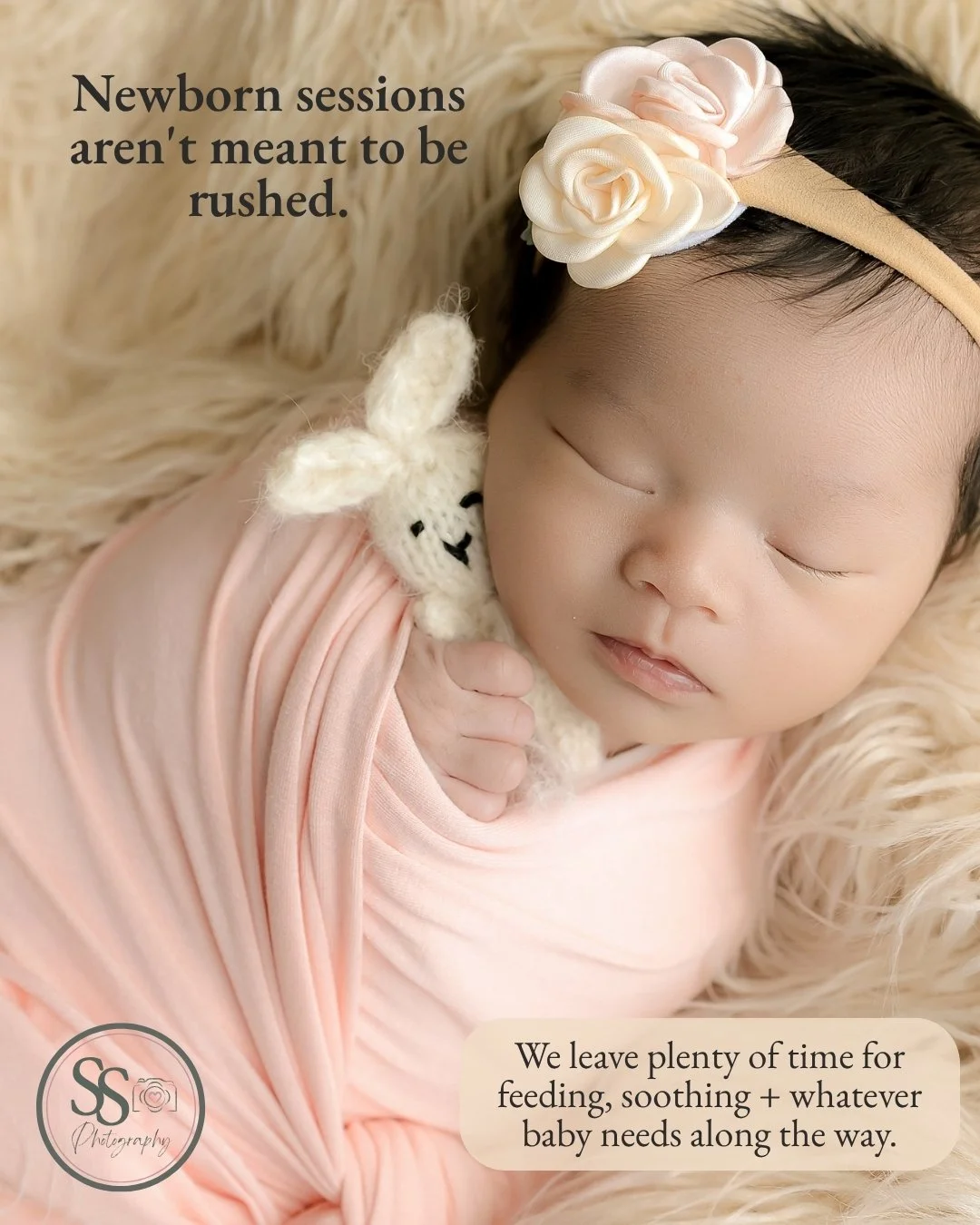 One thing newborn sessions are never meant to feel is rushed.

My newborn sessions usually last about 2&ndash;3 hours, but that doesn't mean we're photographing your baby nonstop for that entire time.

That time gives us room to pause when your baby 