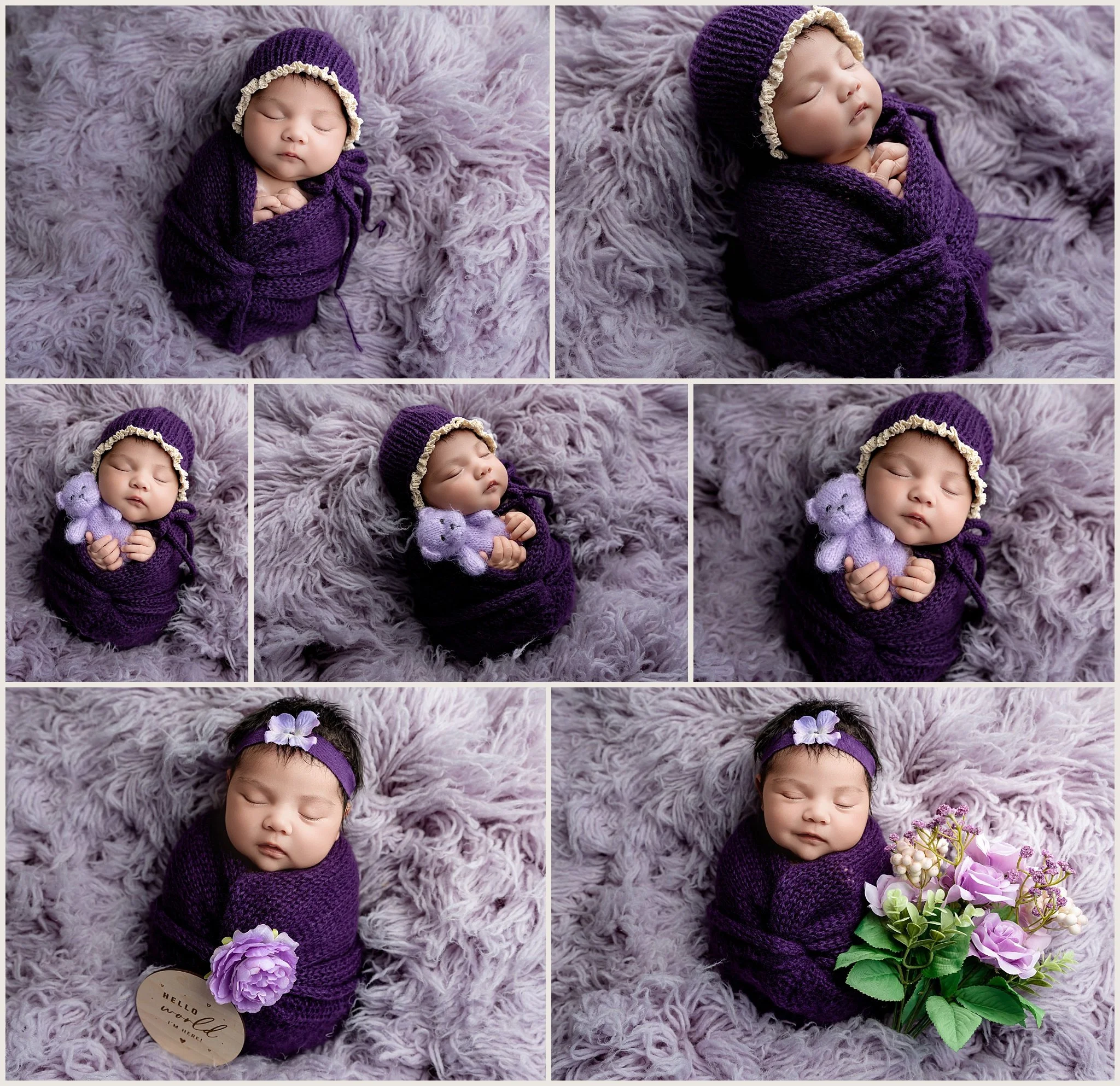 Baby Hazel Love Chavez wrapped in deep purple on a lavender flokati with floral accents and a teddy bear during her newborn session in Elk Grove.