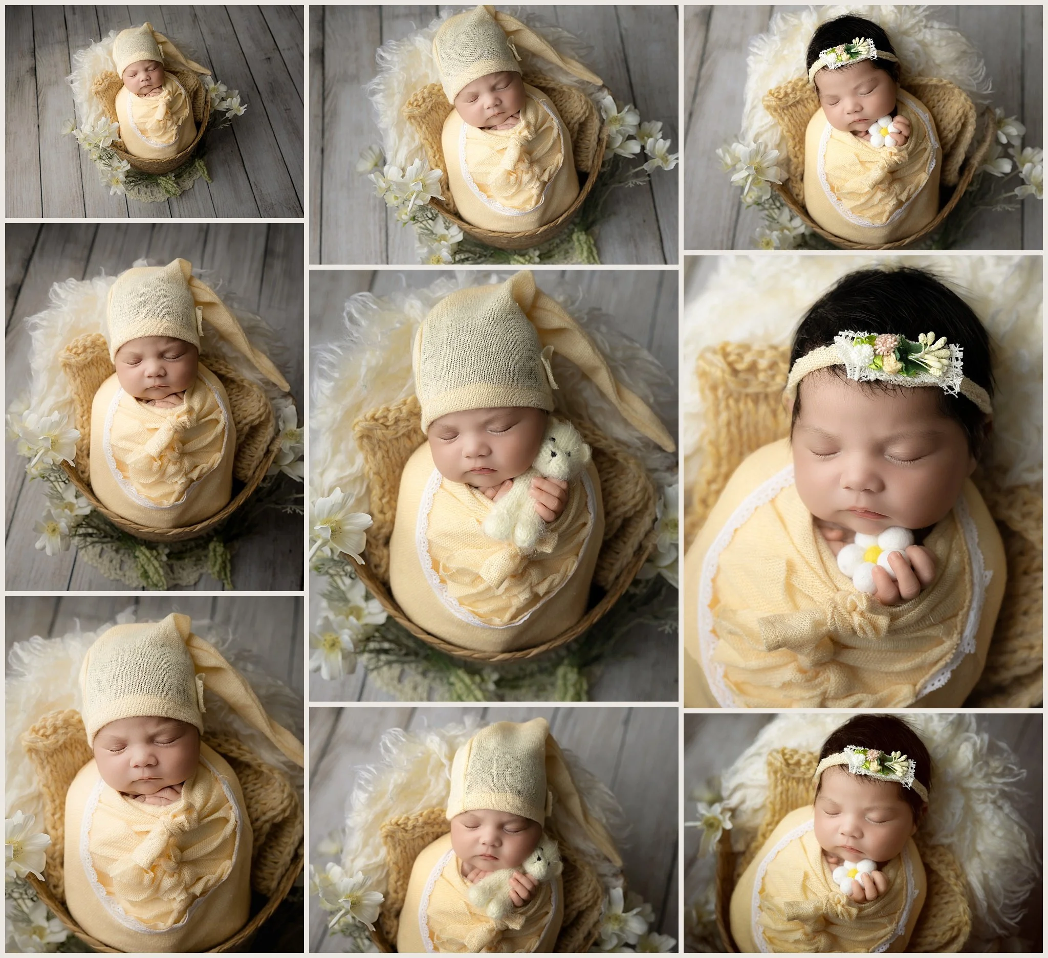 Hazel Love Chavez sleeping in a woven bucket with a yellow wrap, floral headband, teddy bear, and white flowers during her Elk Grove newborn photography session.