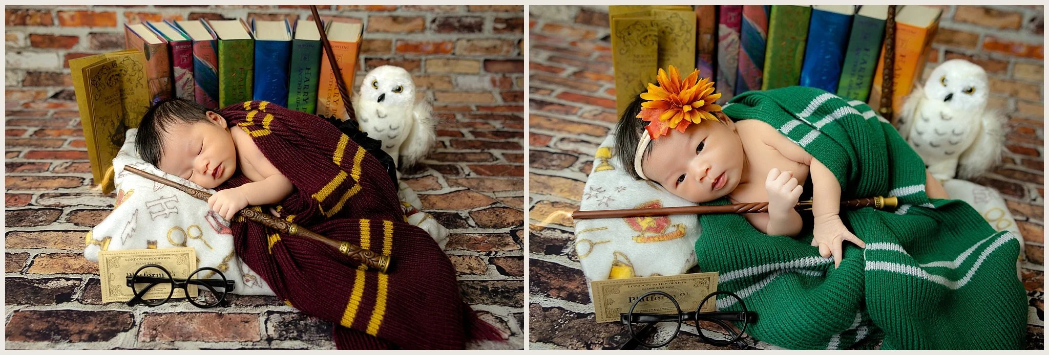 Raeliana in a Harry Potter-themed newborn setup with Gryffindor and Slytherin scarves, books, wands, glasses, an owl, and brick backdrop.
