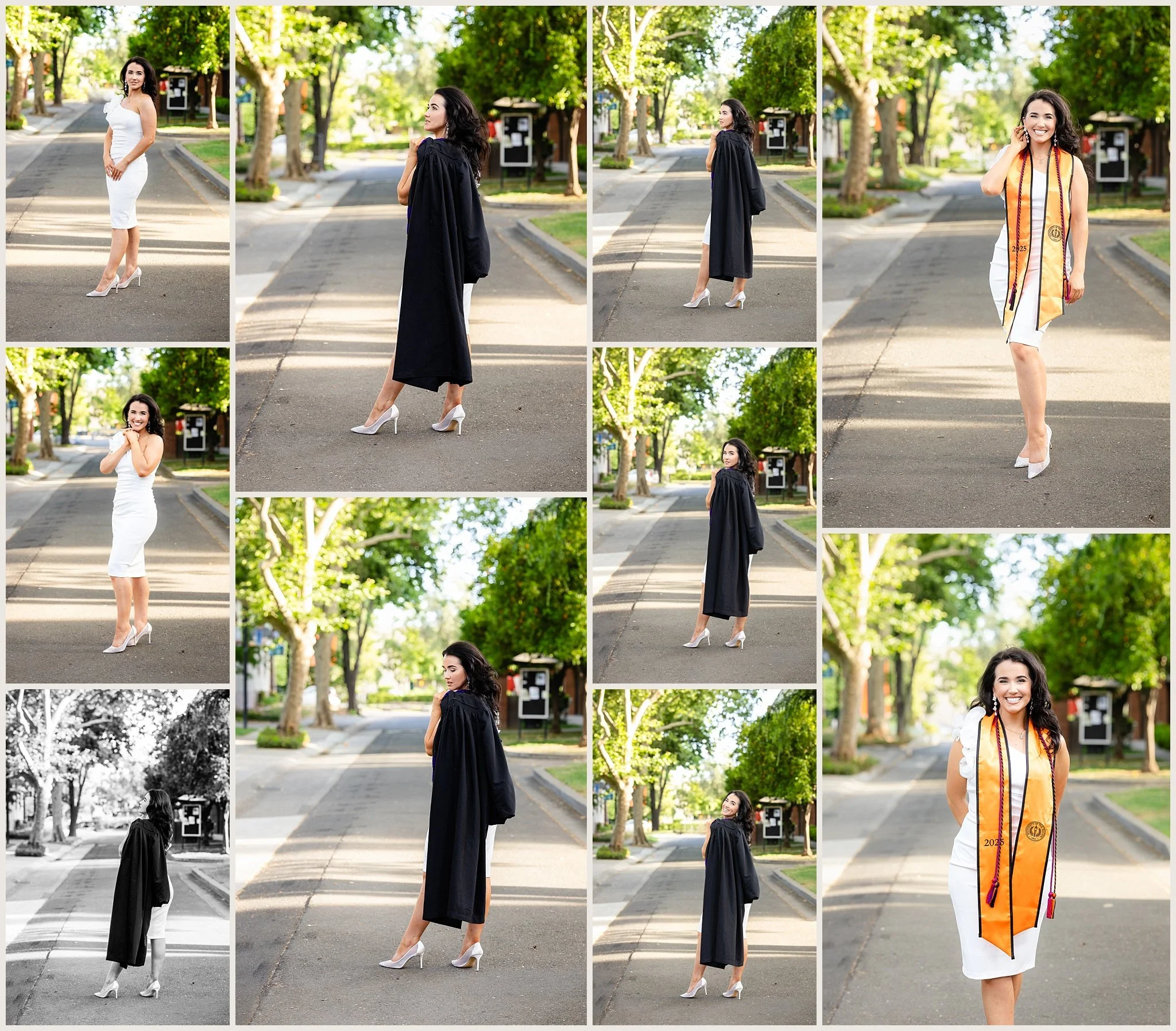 Whitney in cap and gown with a colorful stole and honor cords, posing with confidence on the McGeorge campus.