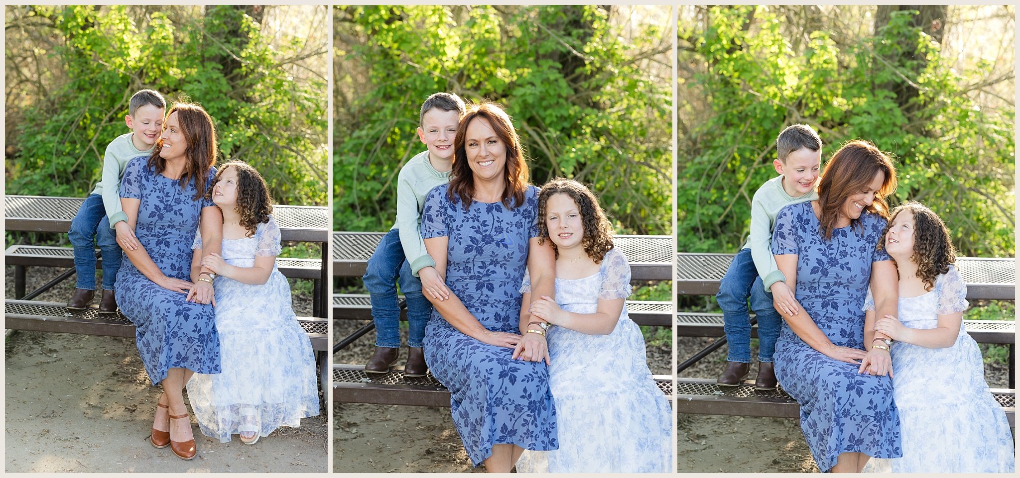 mom and two kids sitting and interacting together on picnic table outdoor session Elk Grove