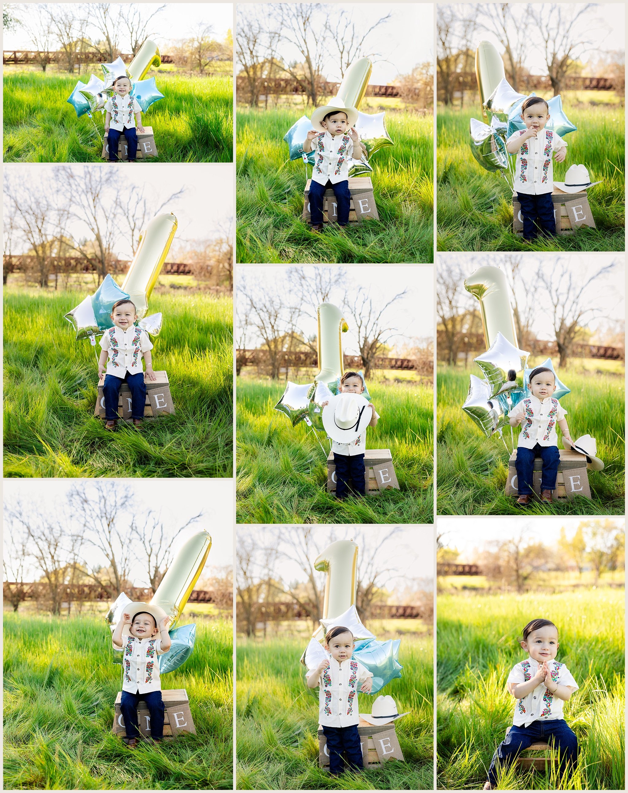 One year old boy sitting on wooden crate with balloons and gold number one balloon during rustic outdoor milestone session in Elk Grove.