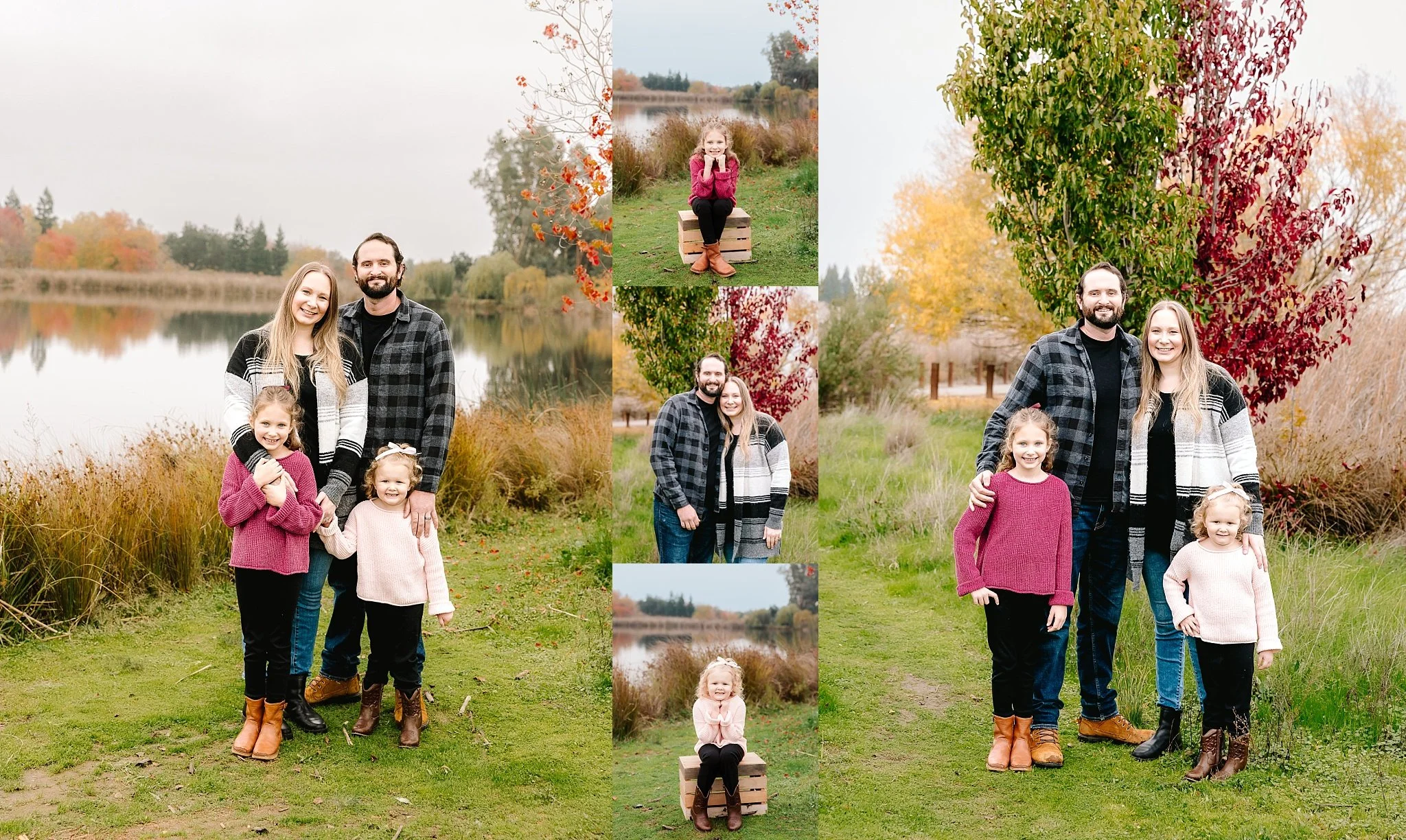 The Lewis family standing together near the lake during a fall family photo session