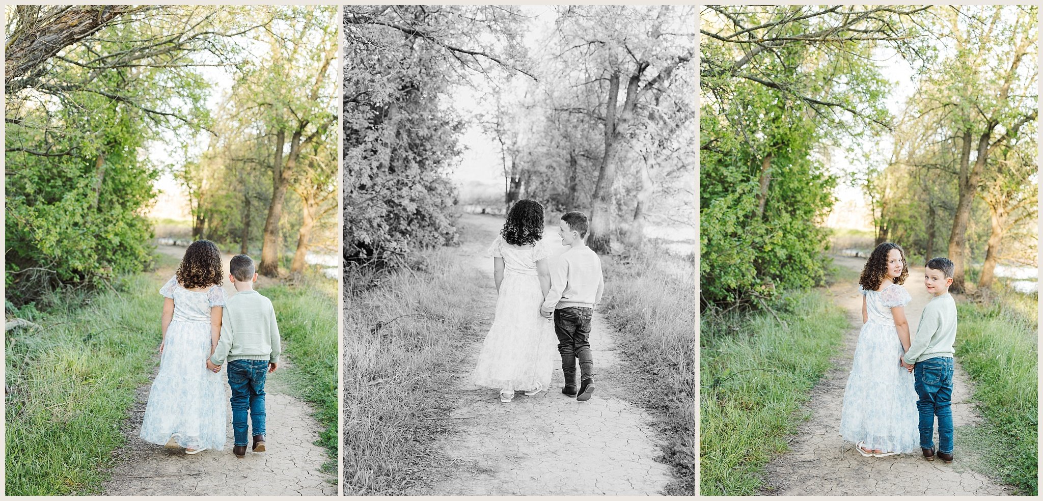 brother and sister holding hands walking away on nature path Cosumnes River Preserve