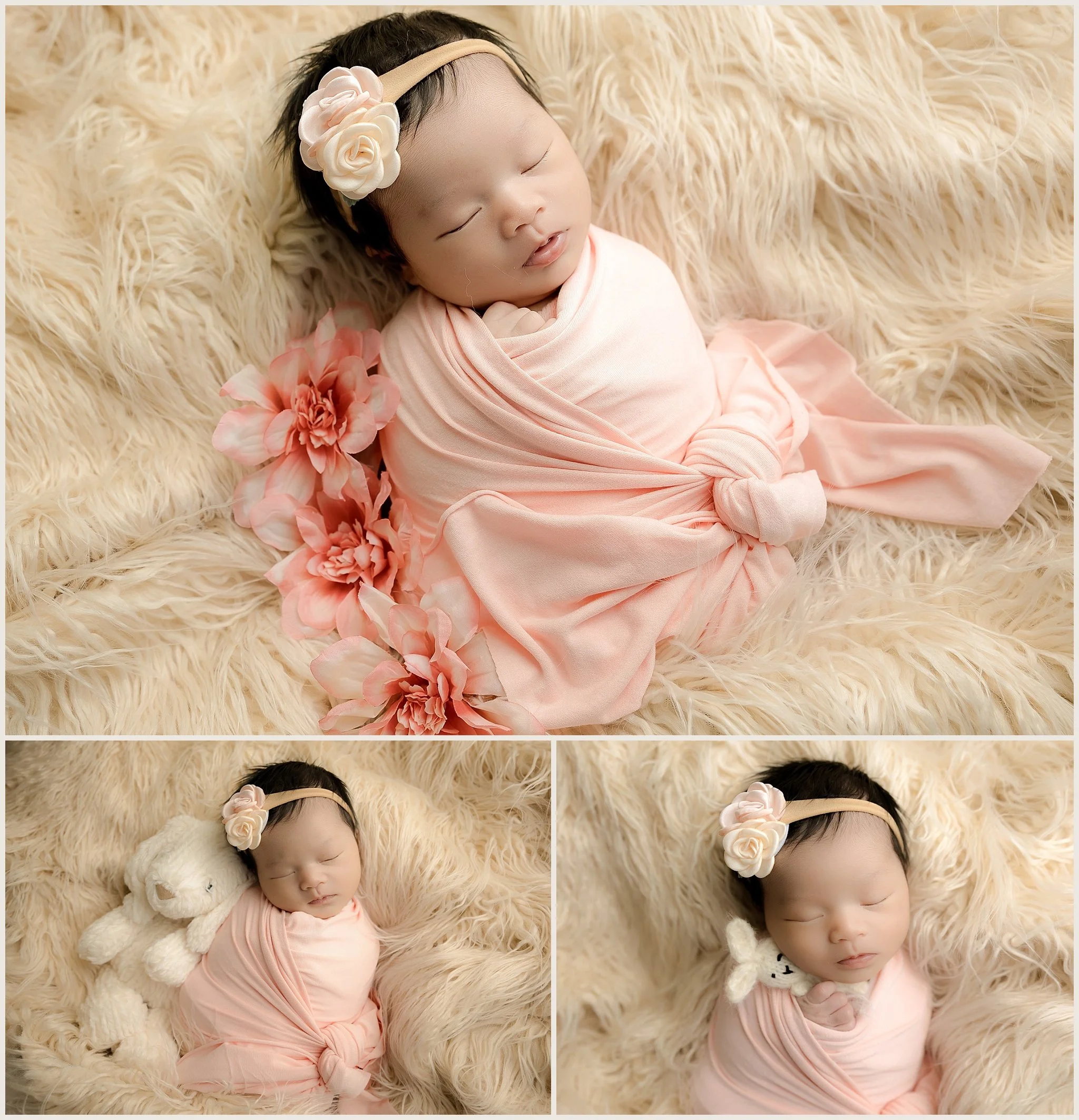 Baby Raeliana wrapped in peach pink on cream fur with flowers and a soft white bunny during her Elk Grove newborn portraits.