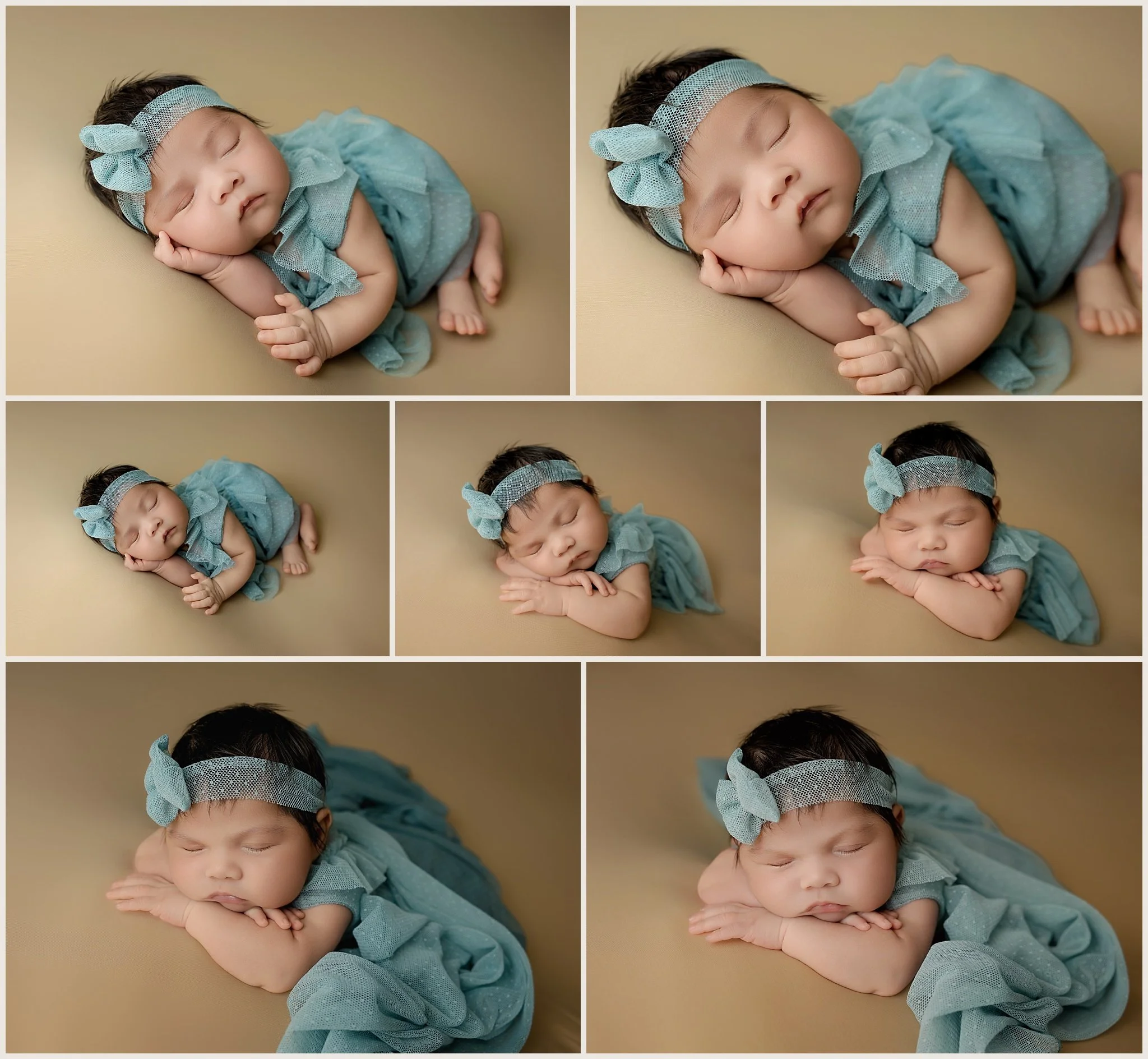 Classic newborn portraits of Hazel Love Chavez wearing a teal dress during her newborn photography session in Elk Grove.