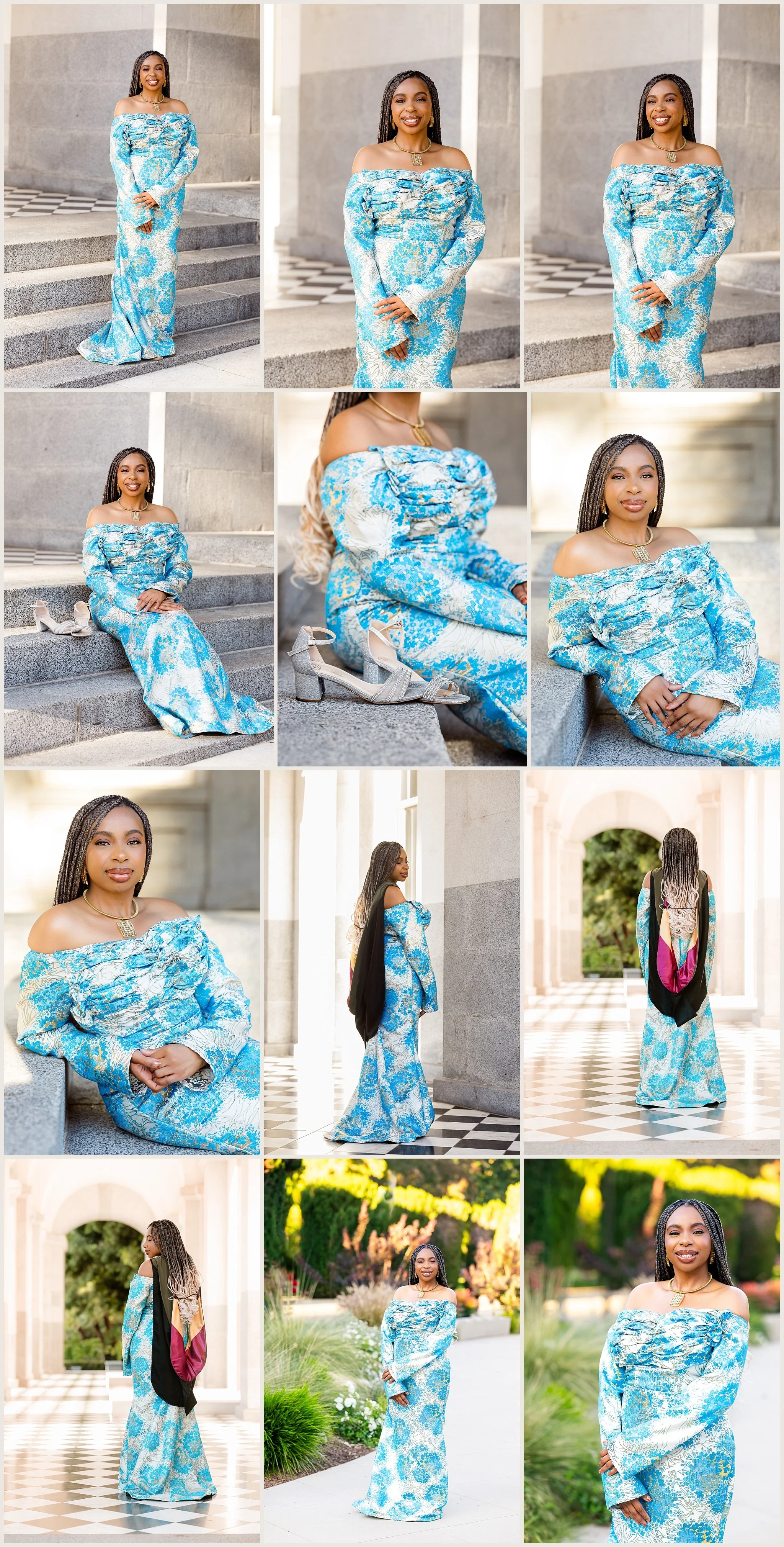 Traditional Nigerian graduation portraits of Ogechi Okorie at the California State Capitol celebrating her Doctor of Pharmacy graduation.