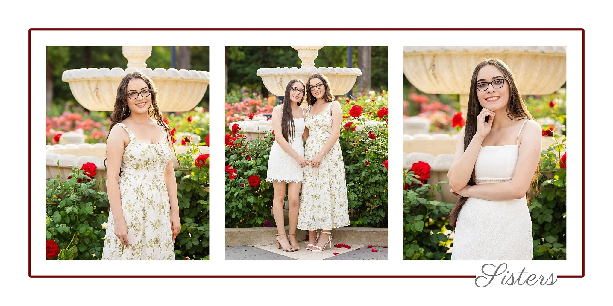Twin senior session of Laila and Sophia Baseer at Capitol Park Sacramento featuring rose garden fountain and sister portraits