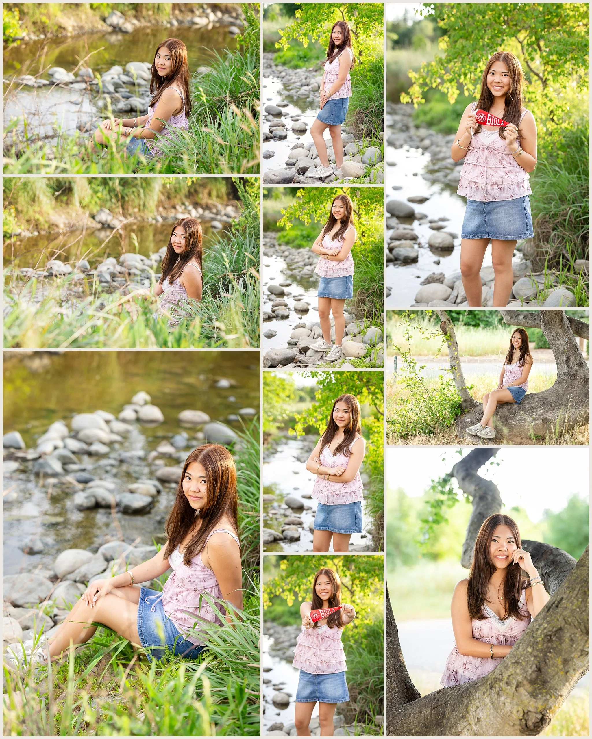 Senior photos by creek holding Biola flag at Jack Hill Park Elk Grove