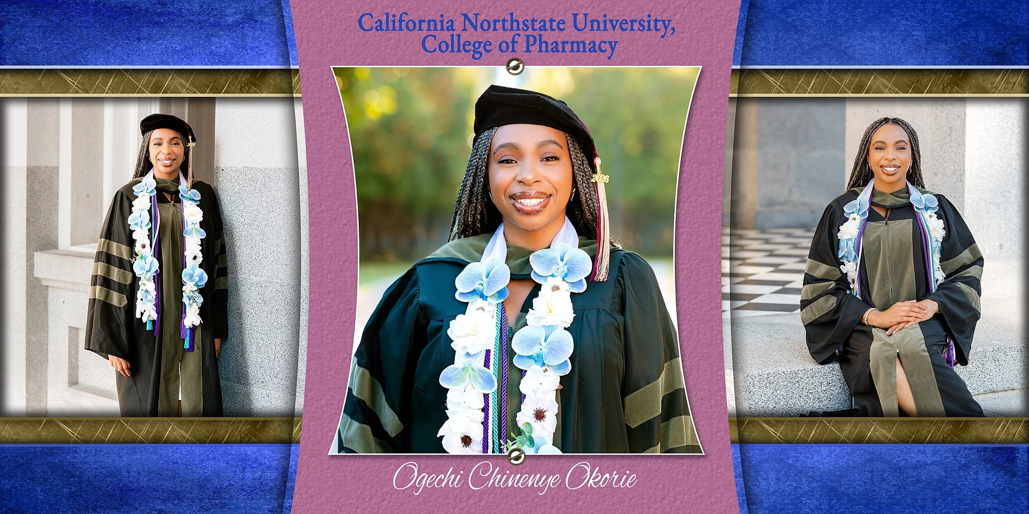 Storyboard featuring Ogechi Okorie celebrating her graduation from California Northstate University College of Pharmacy during her Sacramento graduation portrait session at the California State Capitol