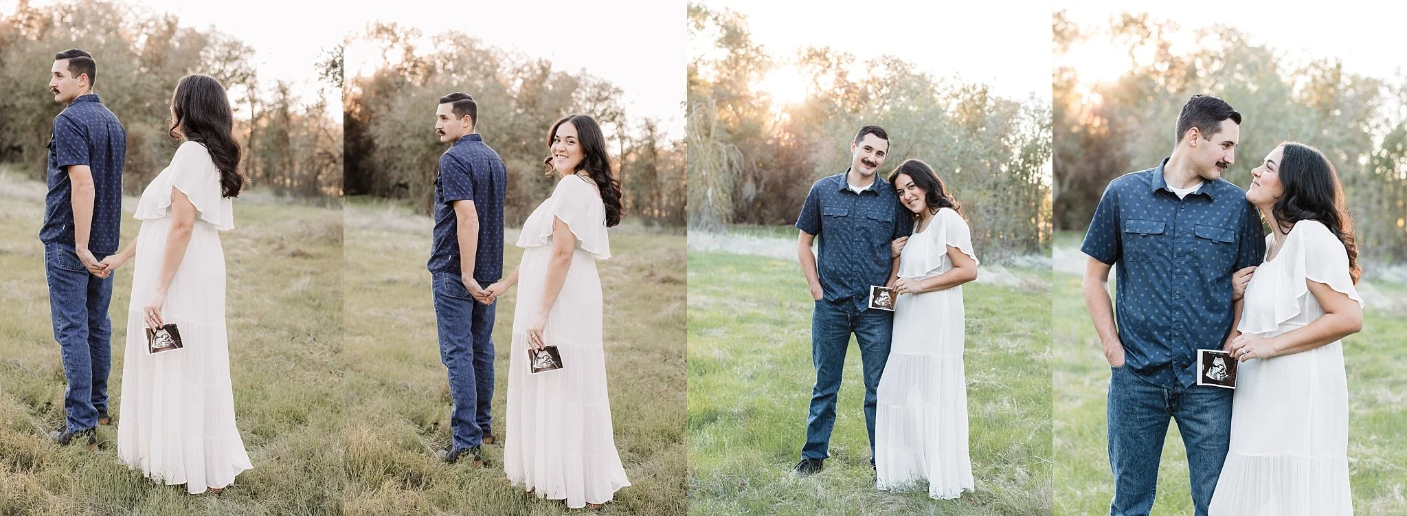 Elk Grove maternity portraits at Jack Hill Park during golden hour featuring Rebecca and Bryant Cuneo with ultrasound photo