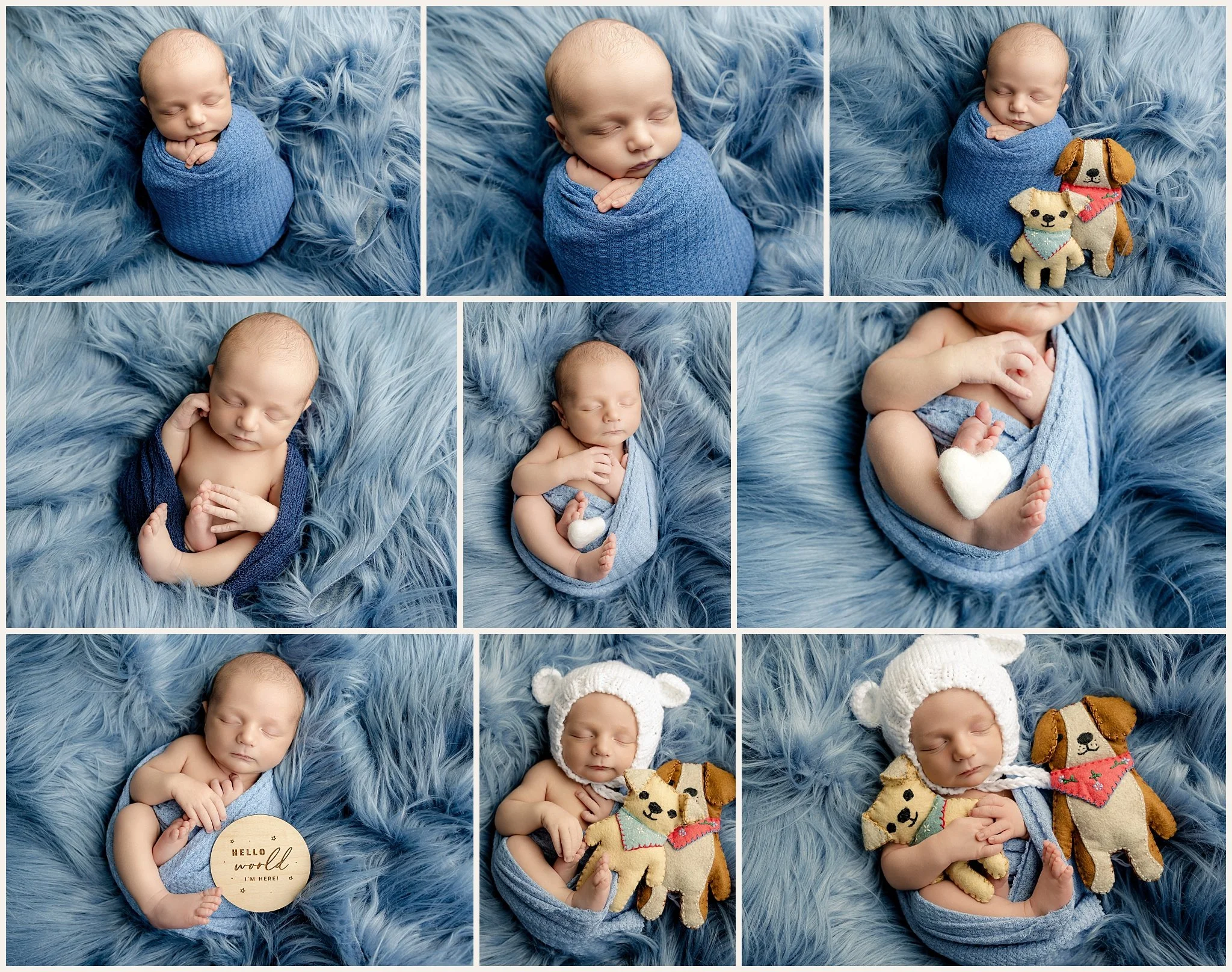 Collage of newborn Brekken sleeping in several shades of blue wraps on fluffy blue fur, with handmade puppy stuffed animals, a white heart, a wooden announcement sign, and a white knit bear bonnet.