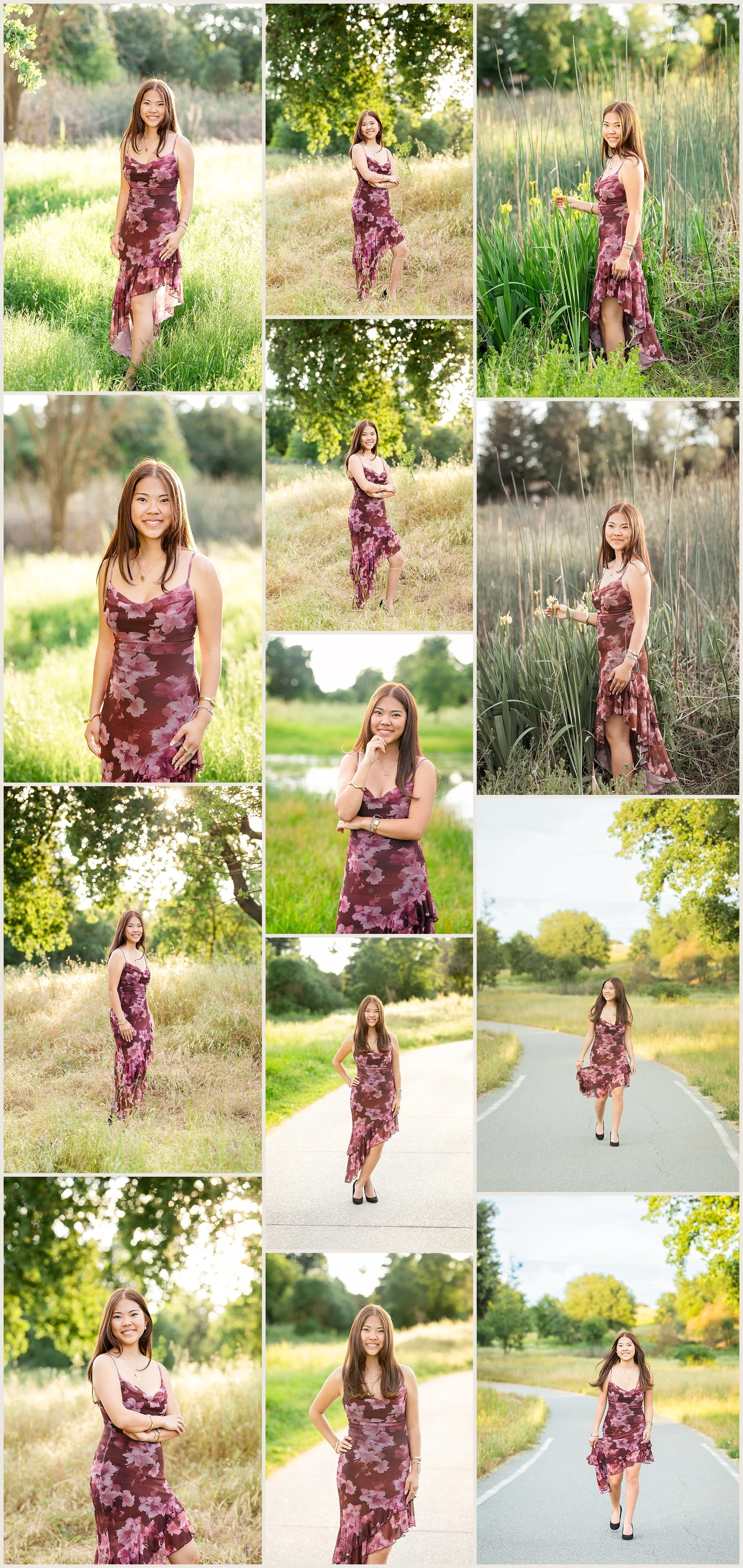 Senior girl in burgundy dress in golden hour field at Jack Hill Park Elk Grove