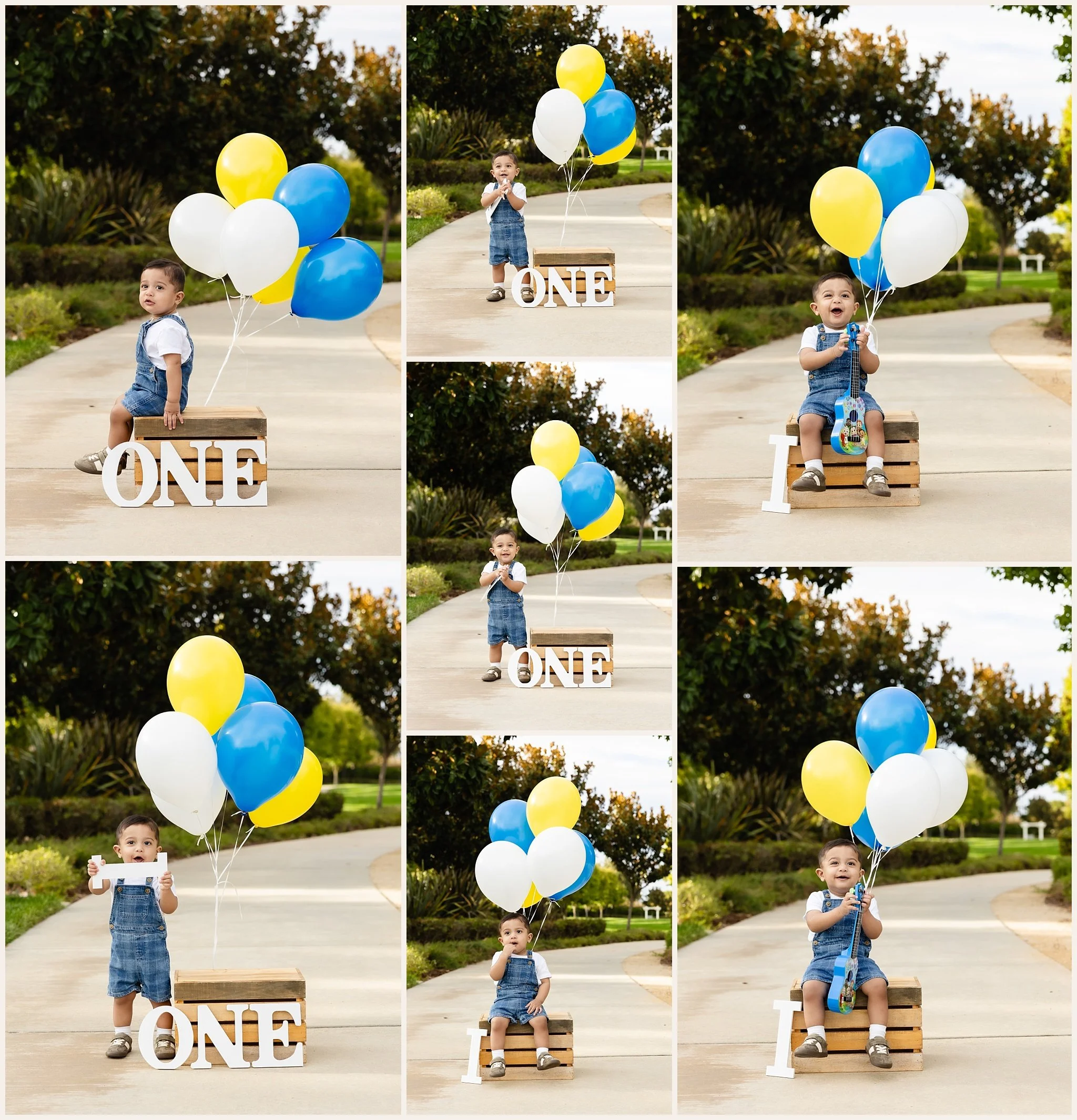 Collage of Ismail in blue overall shorts smiling with a small blue guitar, wooden ONE letters, a crate, and blue, yellow, and white balloons.