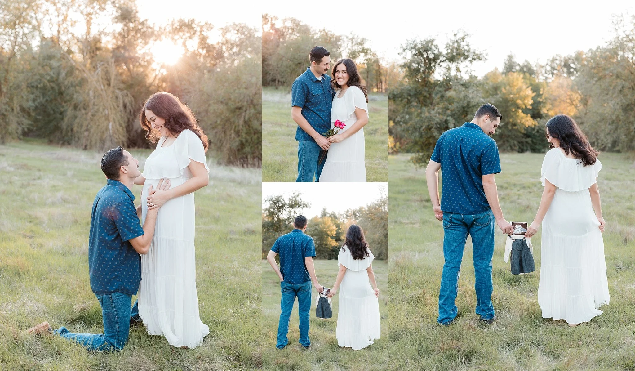 Elk Grove maternity photography session at Jack Hill Park featuring final romantic portraits and baby girl details including a pink rose and baby outfit