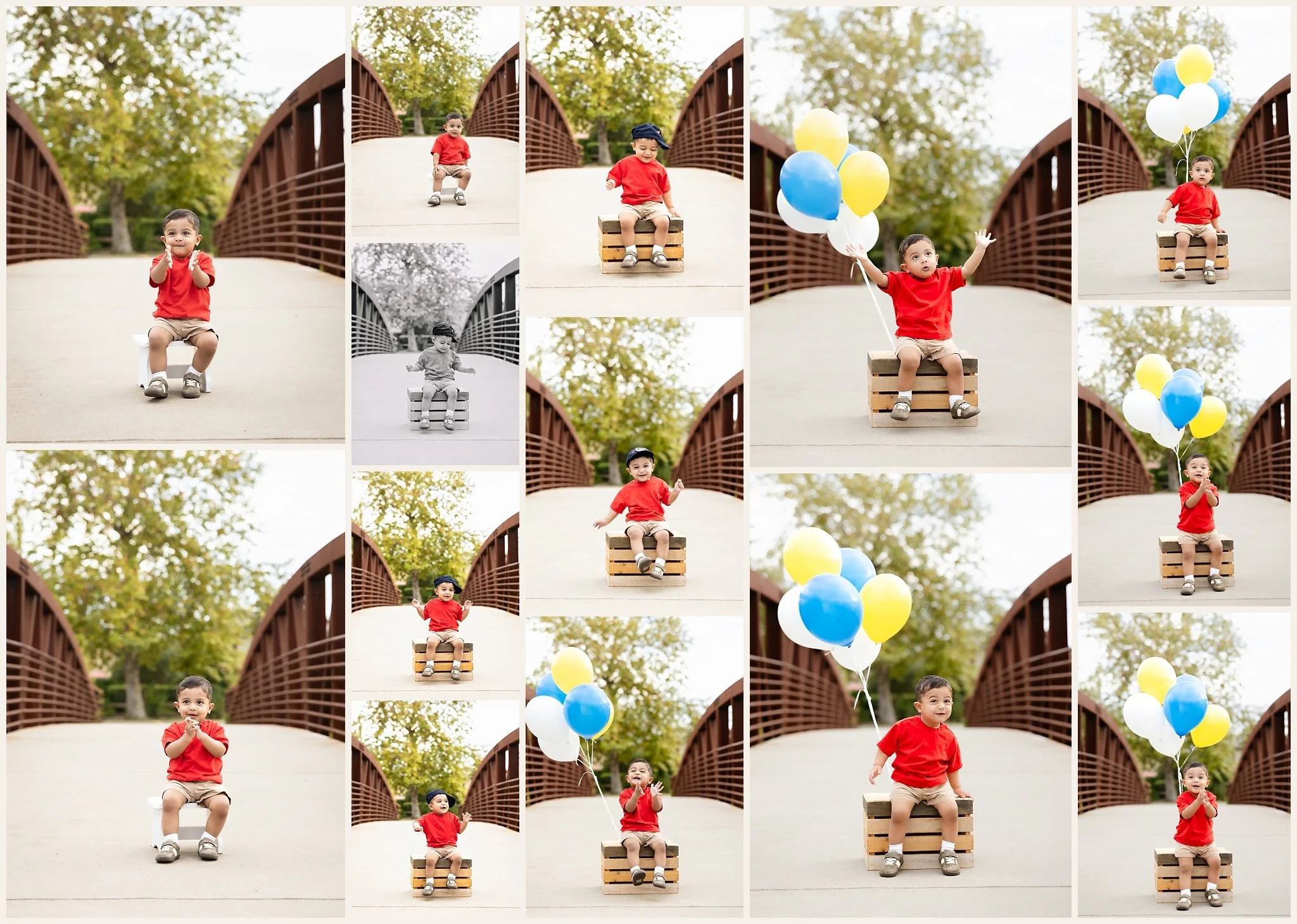 Collage of Ismail smiling, clapping, and posing on a bridge in an orange-red shirt and khaki shorts with balloons, a small bench, crate, and baseball cap.