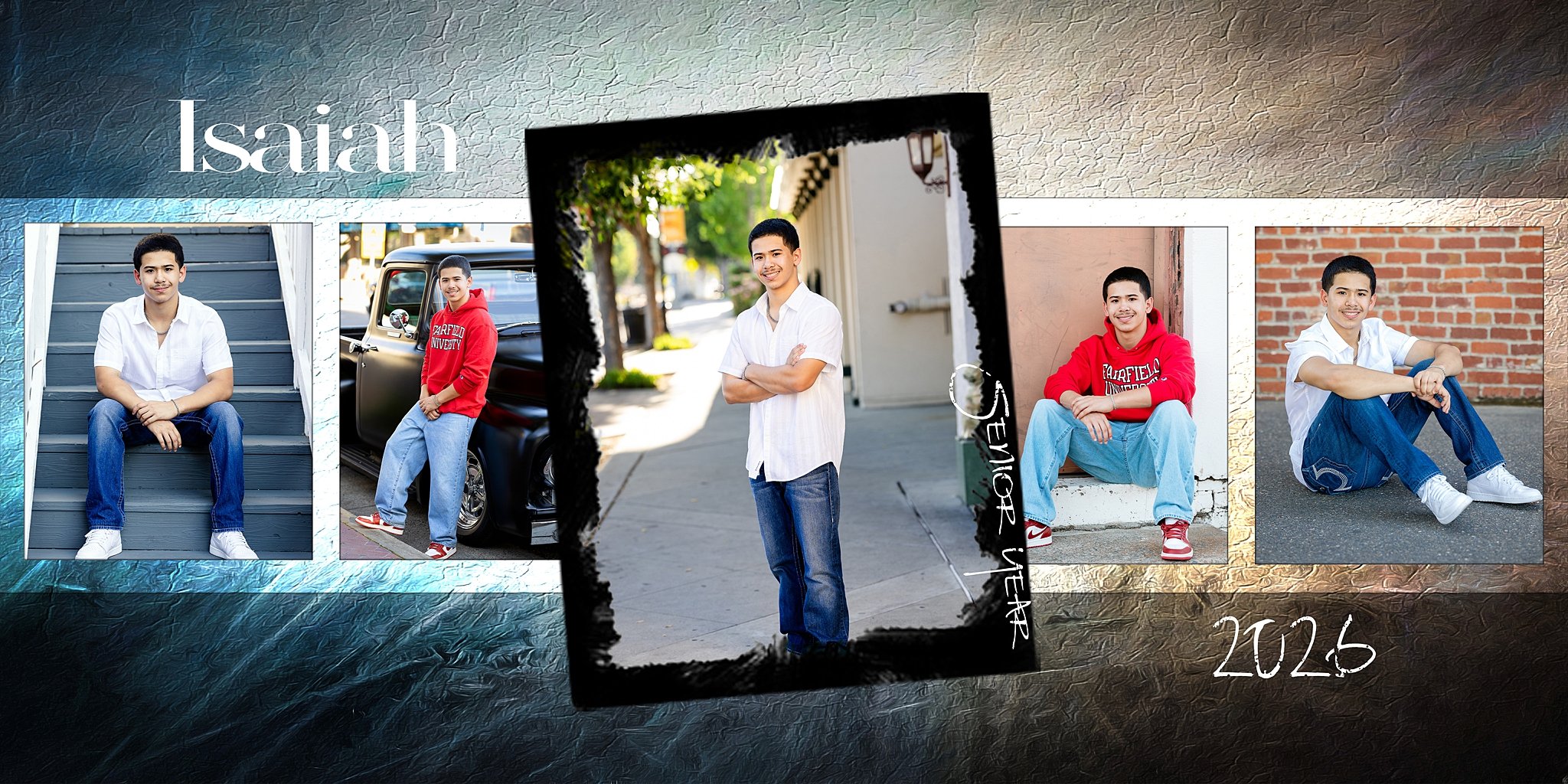 Storyboard collage from Isaiah Le’s senior portrait session in Old Elk Grove featuring downtown locations and Class of 2026 senior photos