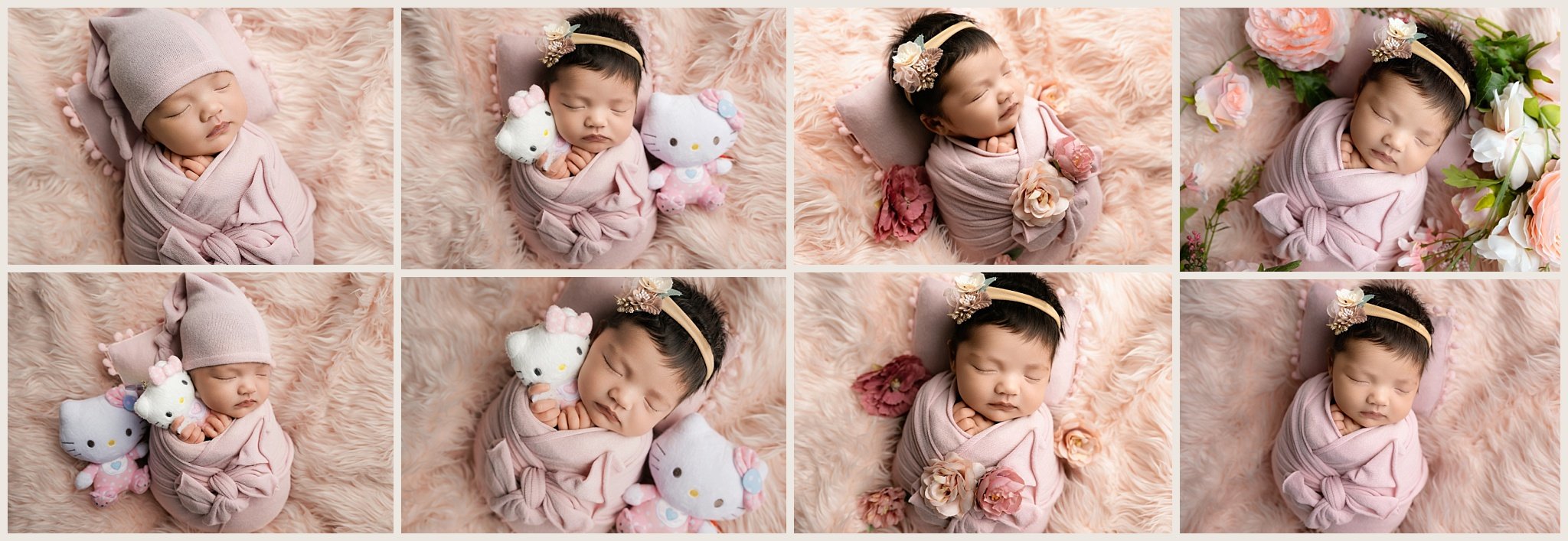 Sophie wrapped in pink with florals and a Hello Kitty plush during her newborn photography session