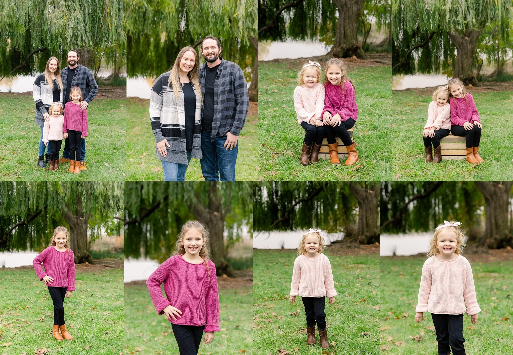 The Lewis family together under a willow tree at Camden Lake Park with sister portraits of Bailey and Reagan