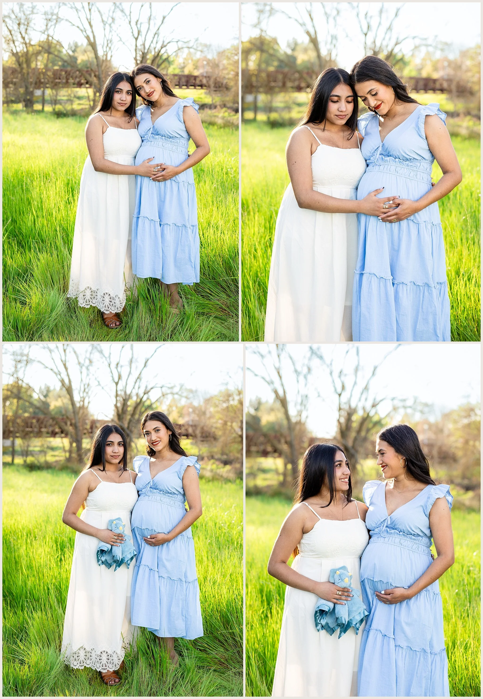 maternity photos with teenage big sister holding baby blanket at sunset in Elk Grove CA