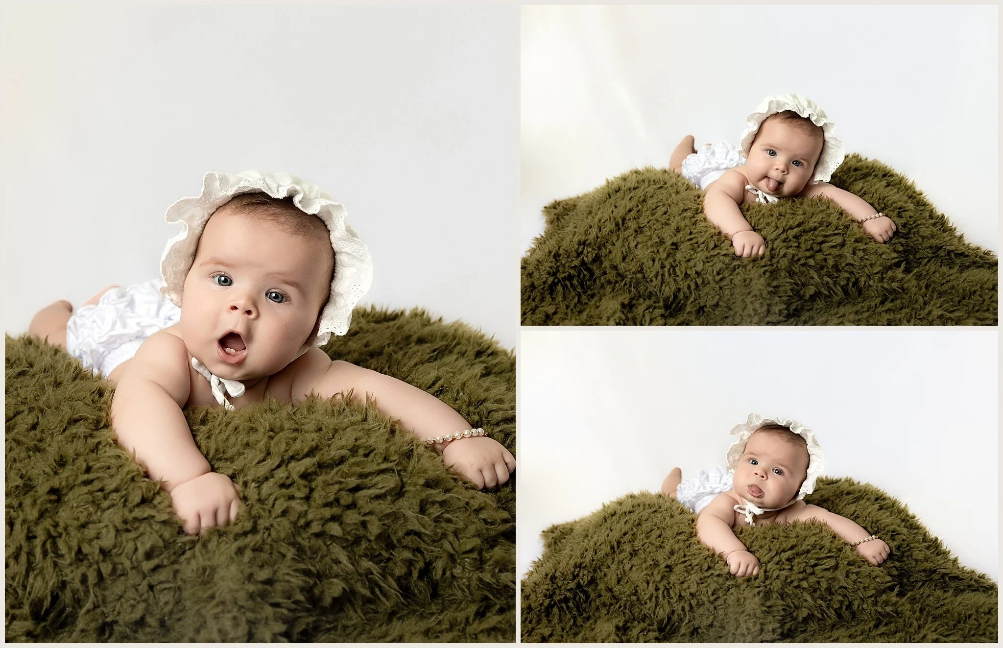 Baby girl wearing a white lace bonnet during 6 month milestone photography session in Elk Grove, California