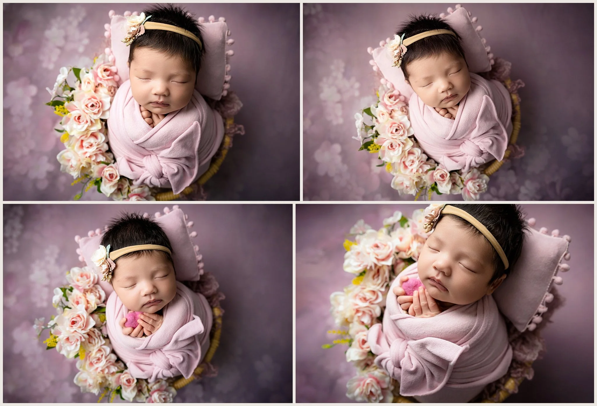 Sophie wrapped in pink with a headband, posed in a basket with purple florals during her newborn photo session