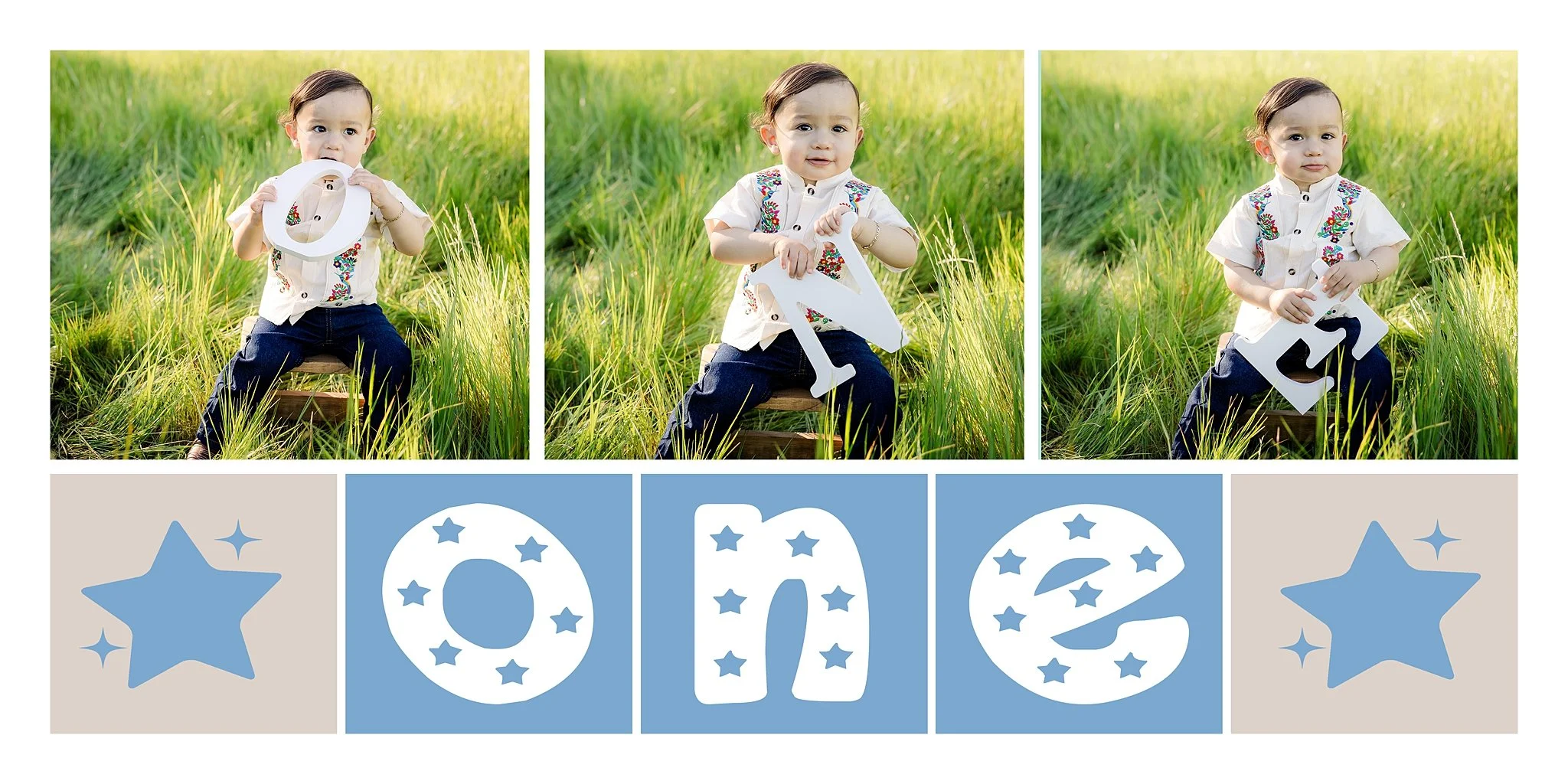 One year old boy sitting in tall grass holding wooden “ONE” letters during outdoor cake smash session at Jack Hill Park in Elk Grove California