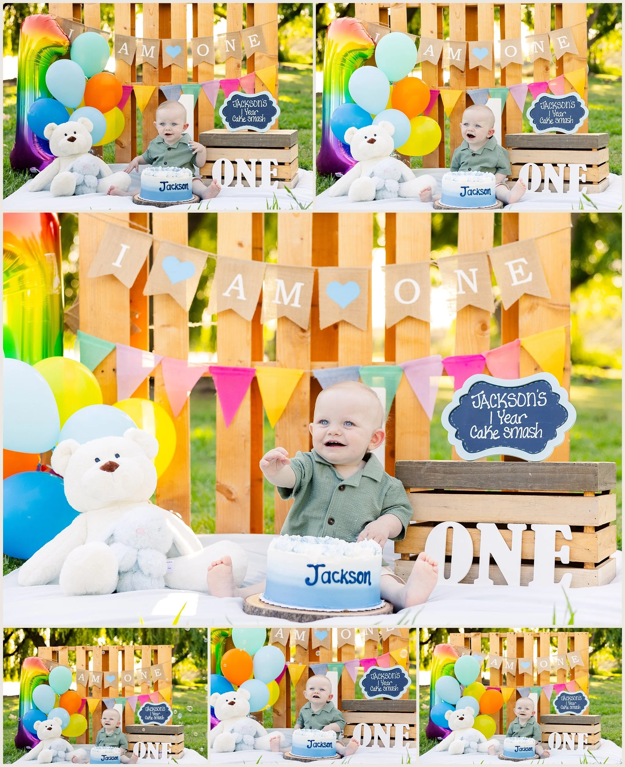 Jackson James Taylor-Smith during his colorful outdoor cake smash session at Camden Lake Park in Elk Grove, California