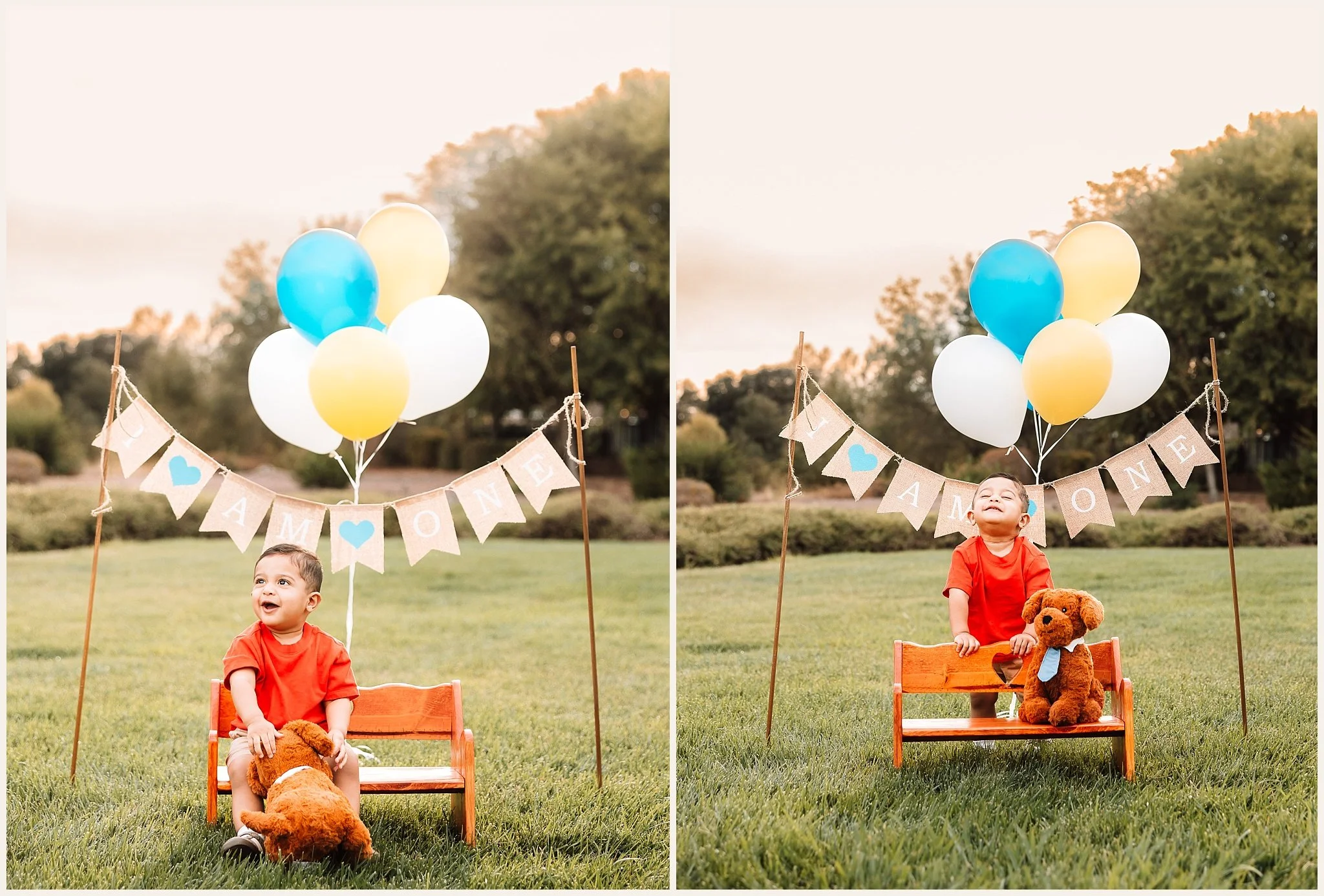 Collage of Ismail with his stuffed dog near a small wooden bench, I Am One banner, and blue, yellow, and white balloons on the grass.