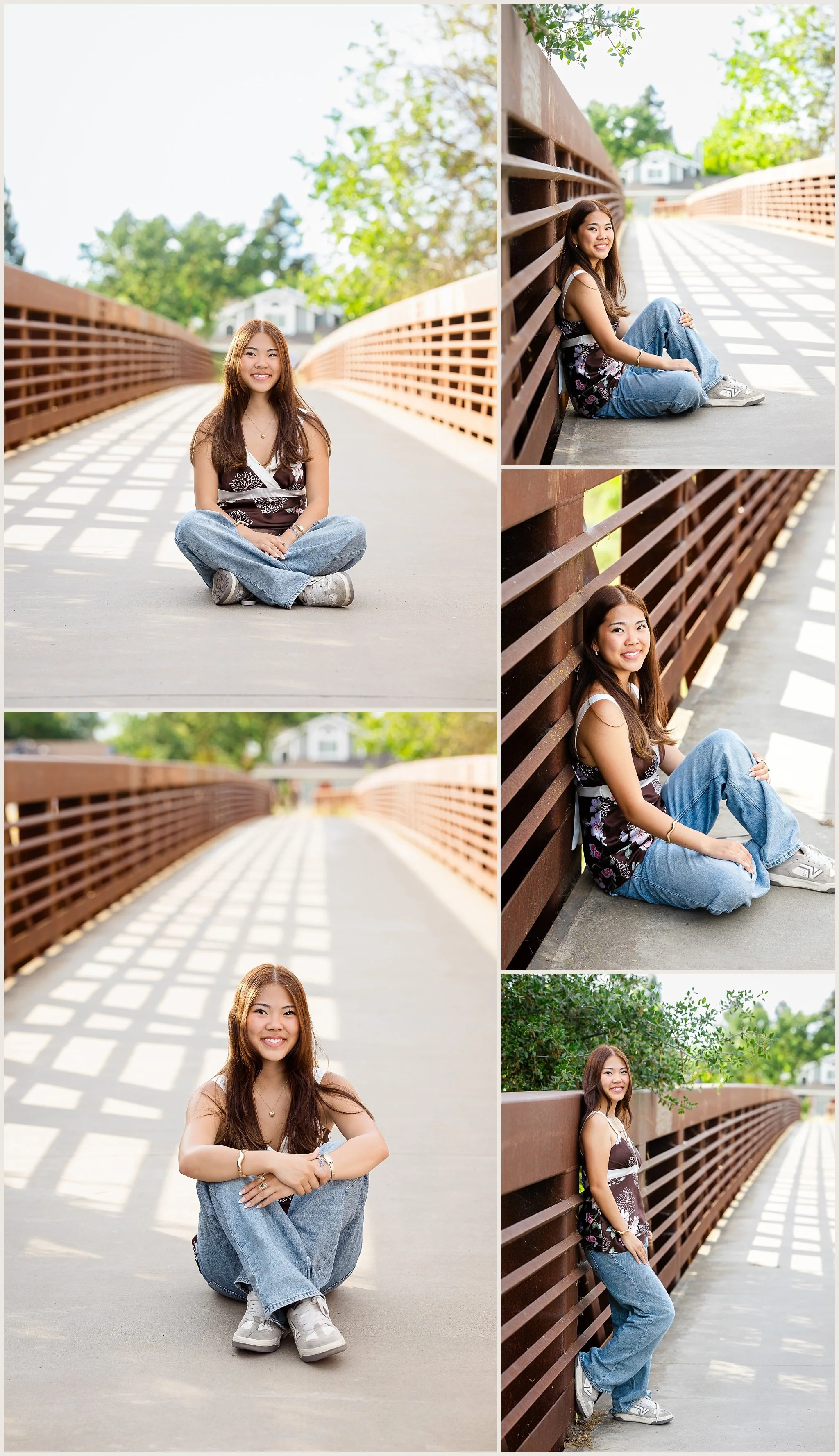 Senior girl with dog on walking path and bridge at Jack Hill Park Elk Grove