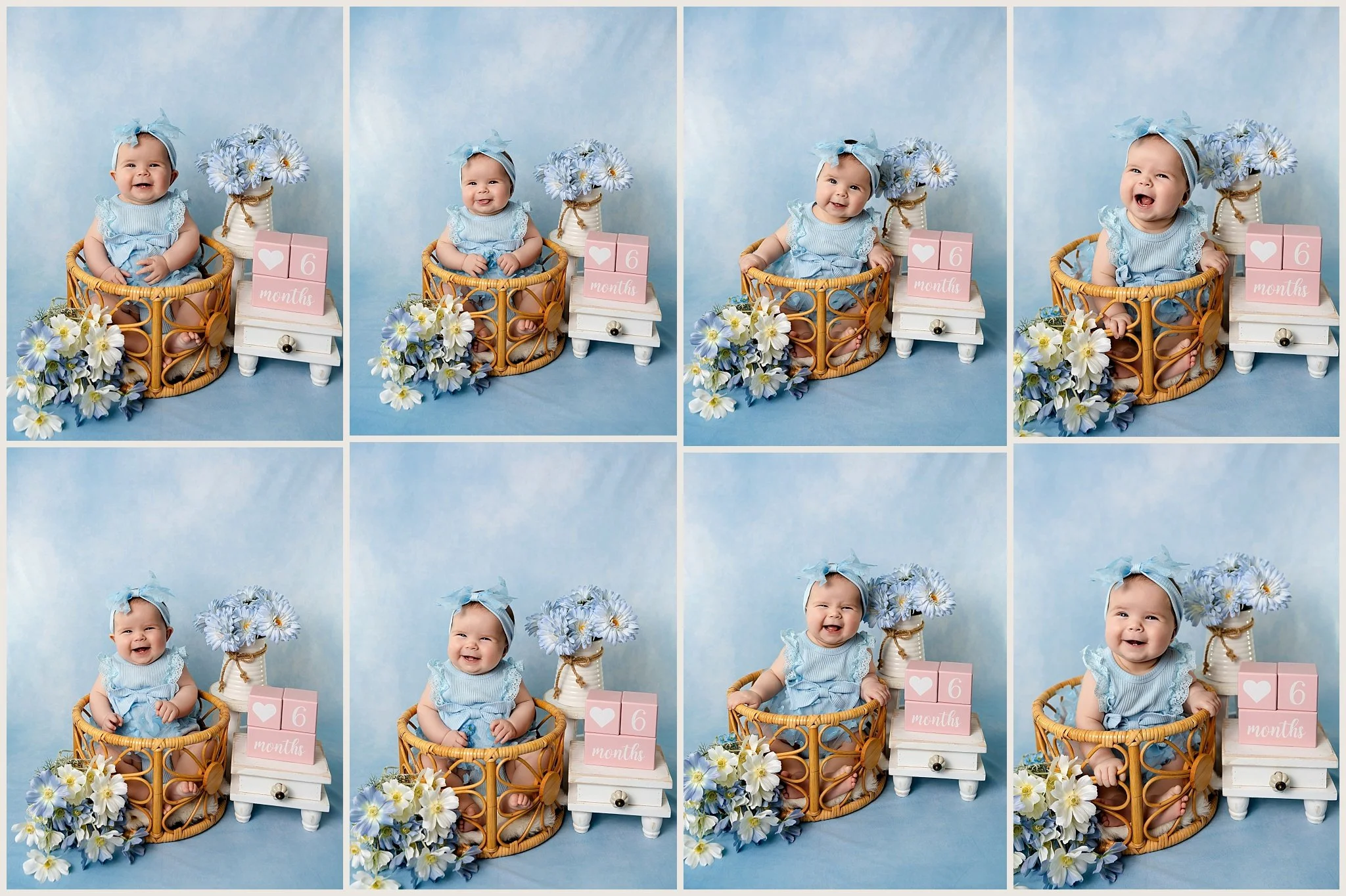 Smiling baby girl in blue dress during 6 month milestone session in Elk Grove, California with pastel blue floral setup
