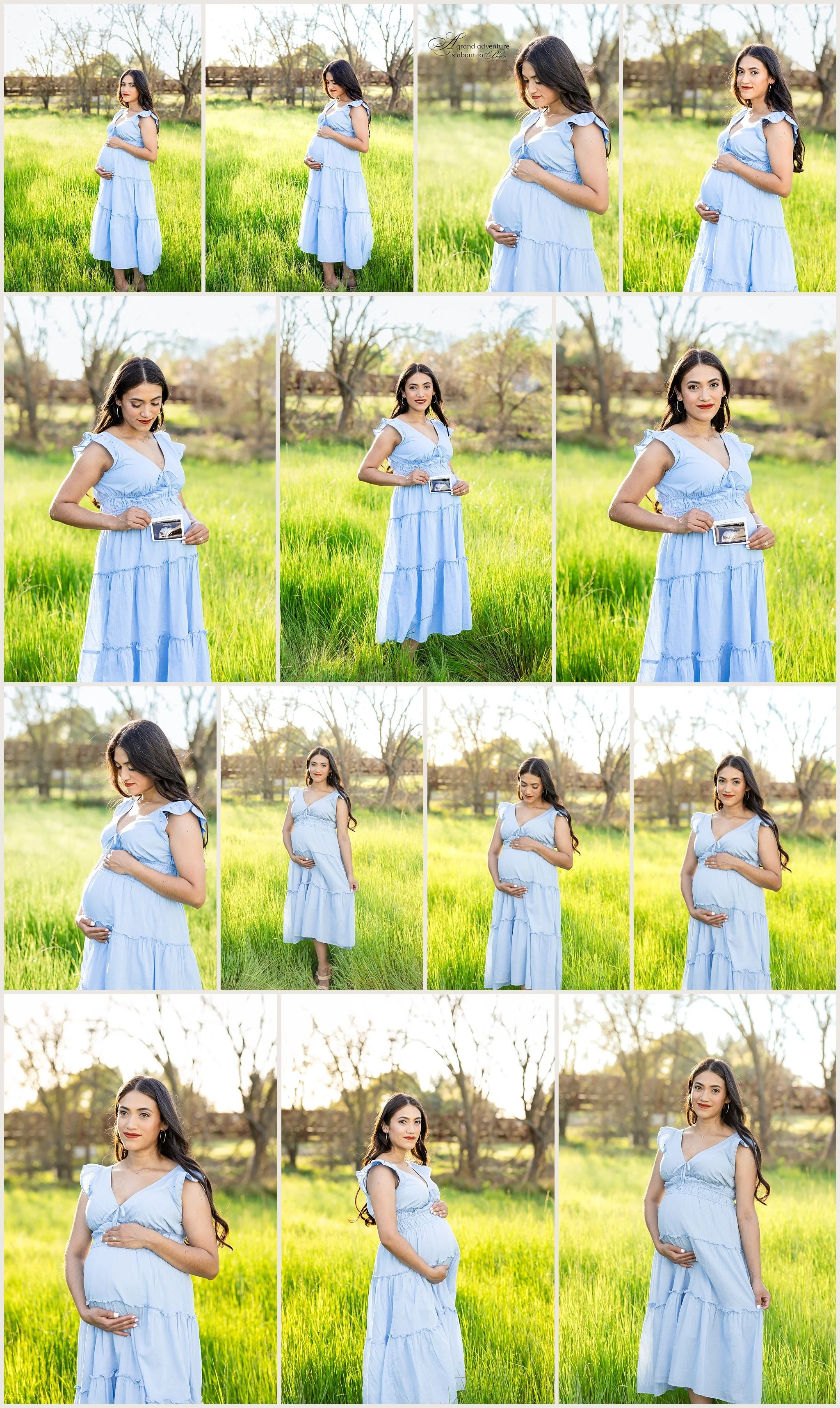 maternity photos of expecting mom in blue dress at sunset in Elk Grove CA
