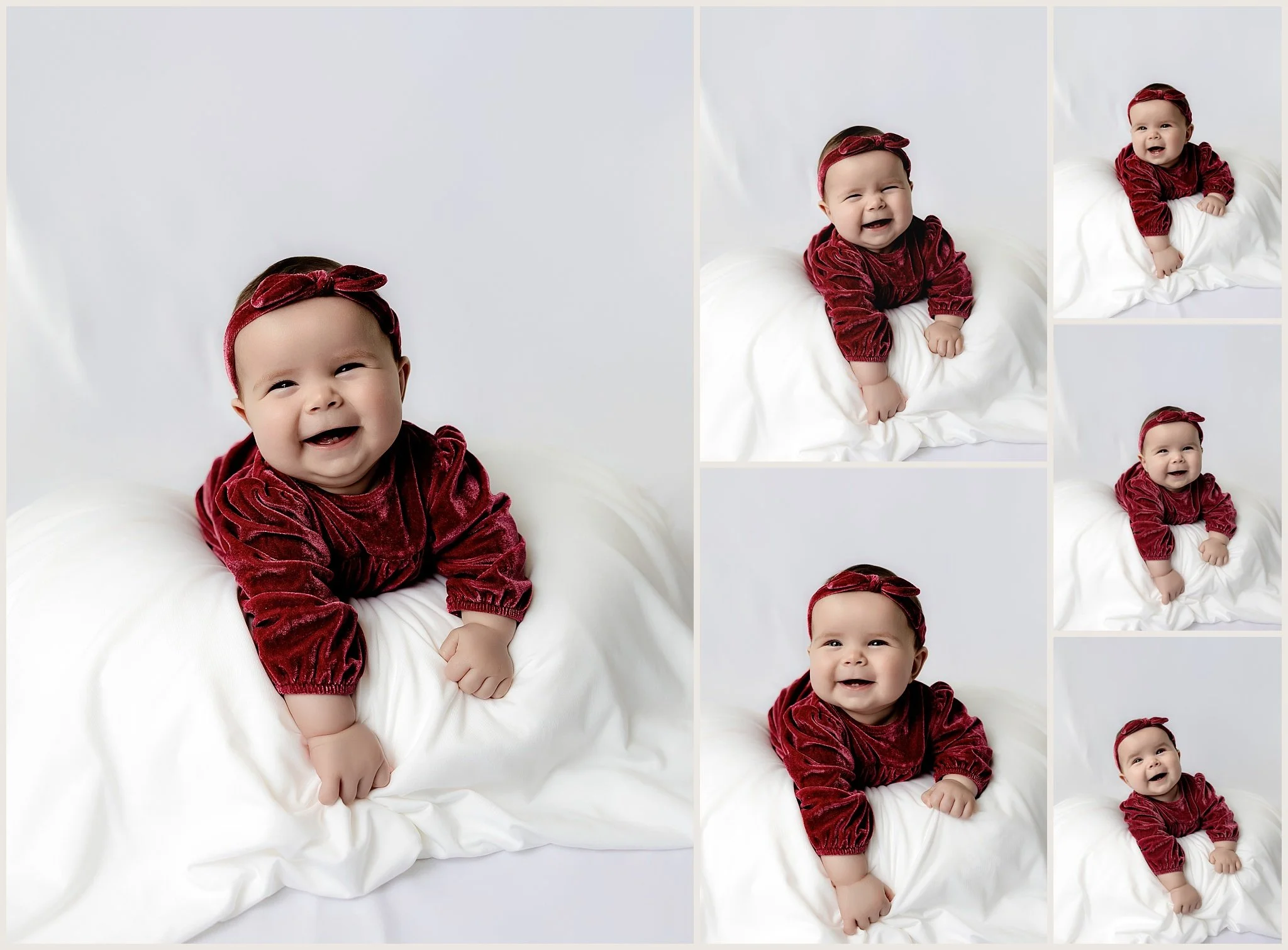 Baby girl in red velour dress during 6 month milestone photography session at Shawn Spencer Photography studio in Elk Grove, California