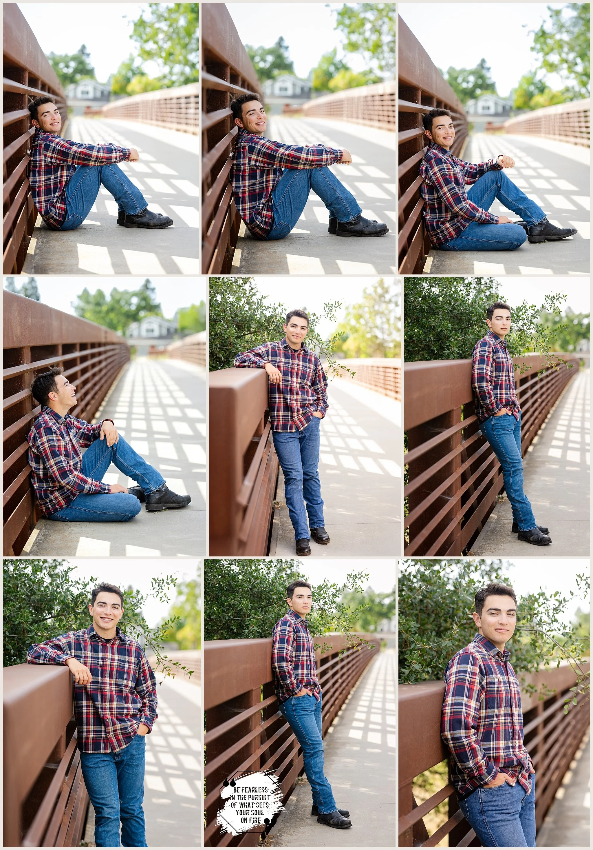 Natural light senior photos of Joey DeMarco in plaid shirt on bridge Elk Grove California
