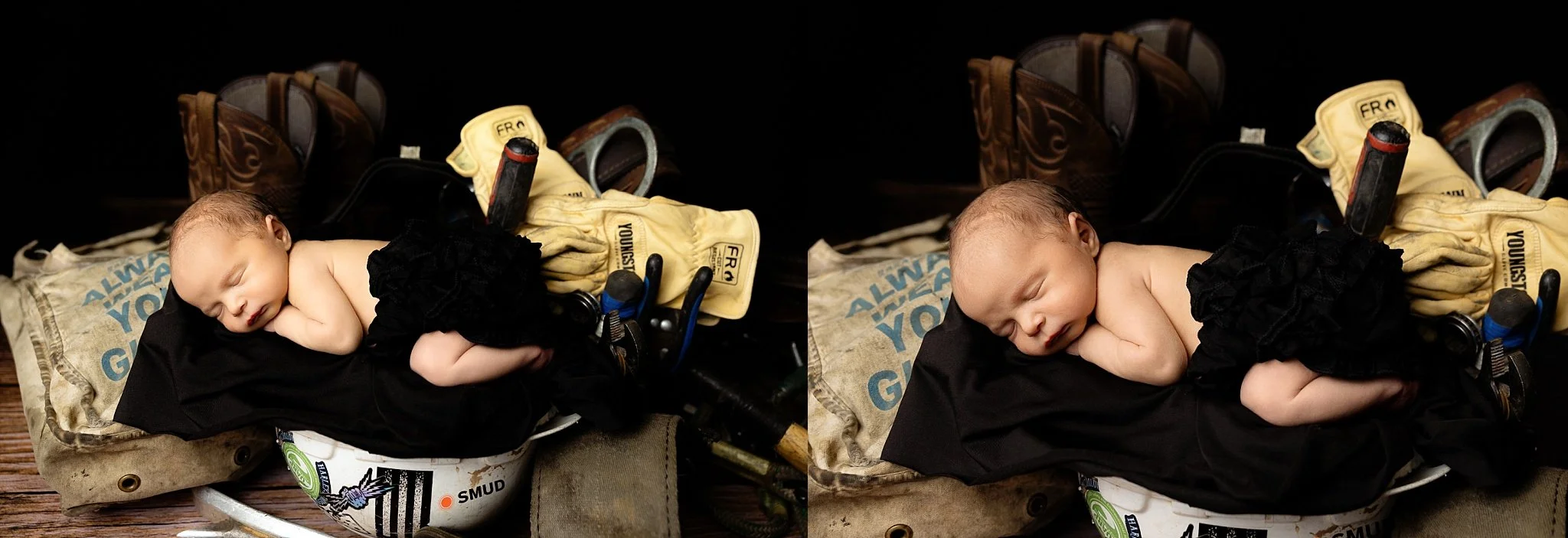 Newborn portrait collage honoring father’s career with SMUD work gear incorporated into the session