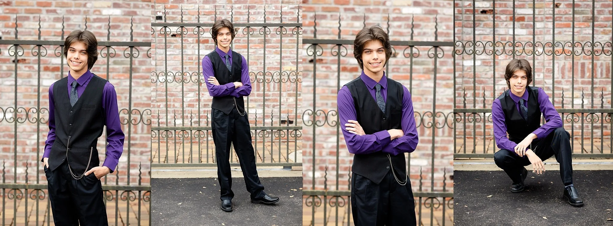 Morgan Sherman Miller posing in front of a black iron fence and brick wall in Old Elk Grove during his senior portrait session