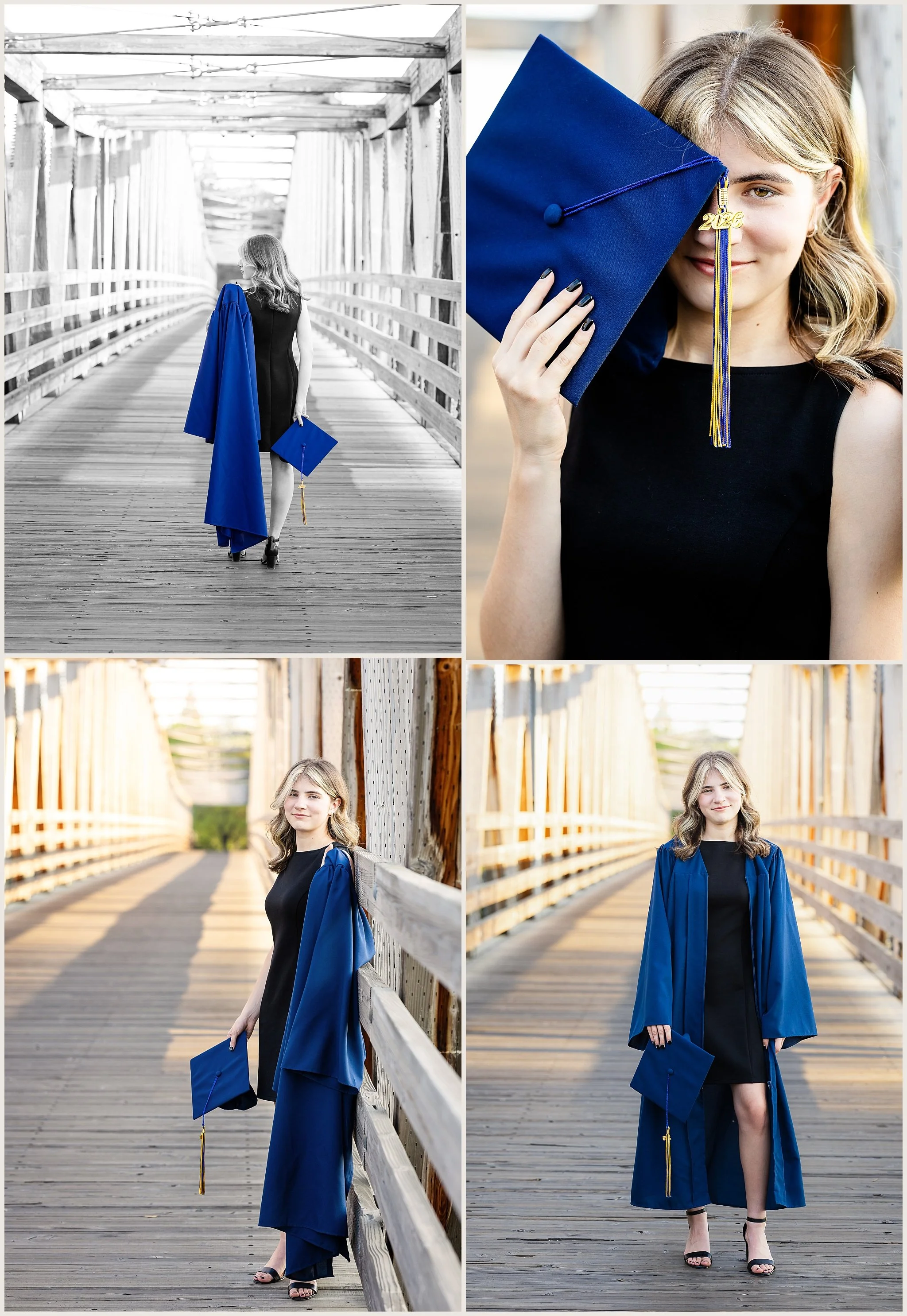 High school senior girl wearing cap and gown standing on wooden bridge during golden hour in Rancho Murieta