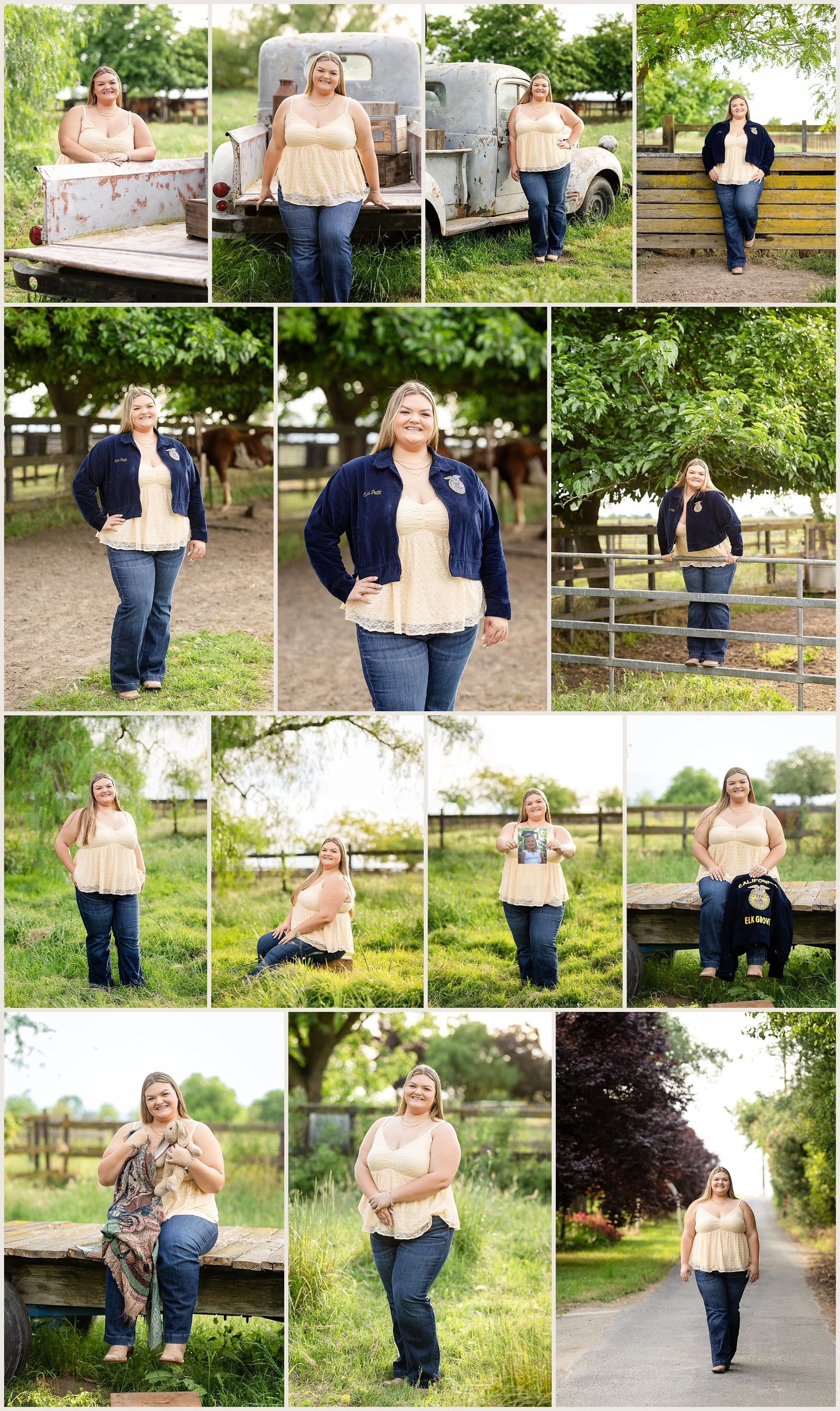 Olivia Pettit senior photos with FFA jacket and childhood props at West 12 Ranch Elk Grove CA