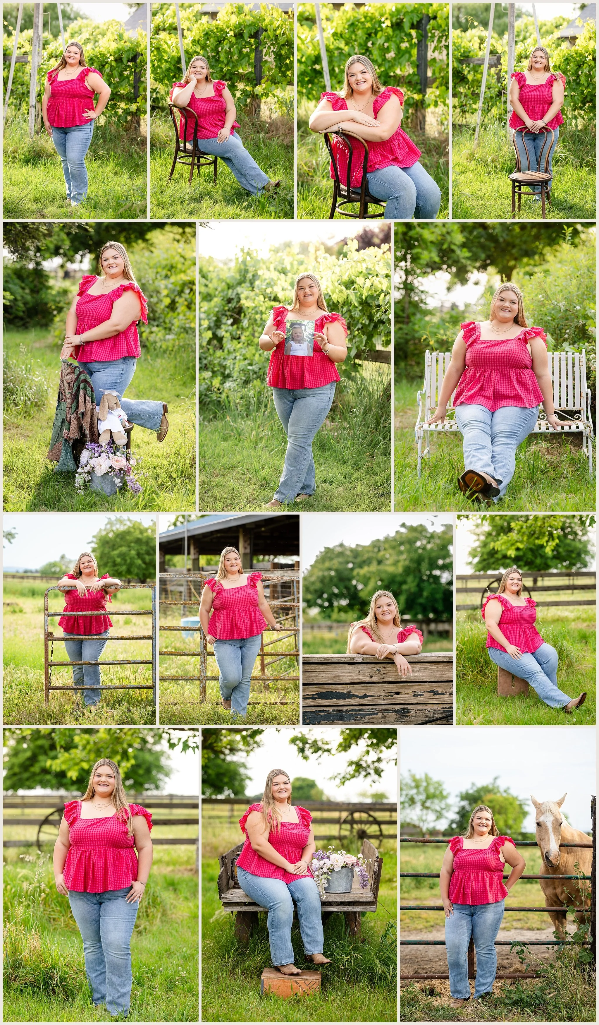 Olivia Pettit senior photos outfit 1 pink plaid top and jeans at West 12 Ranch Elk Grove CA