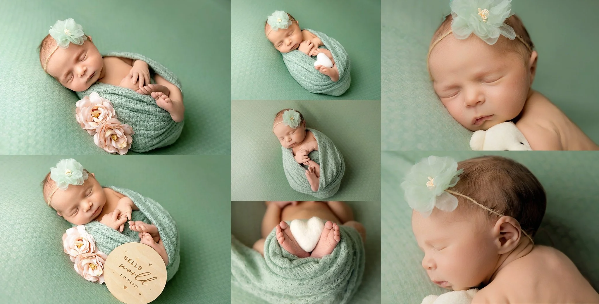 Newborn detail collage showing baby girl’s hands, feet, facial features, and soft green styling