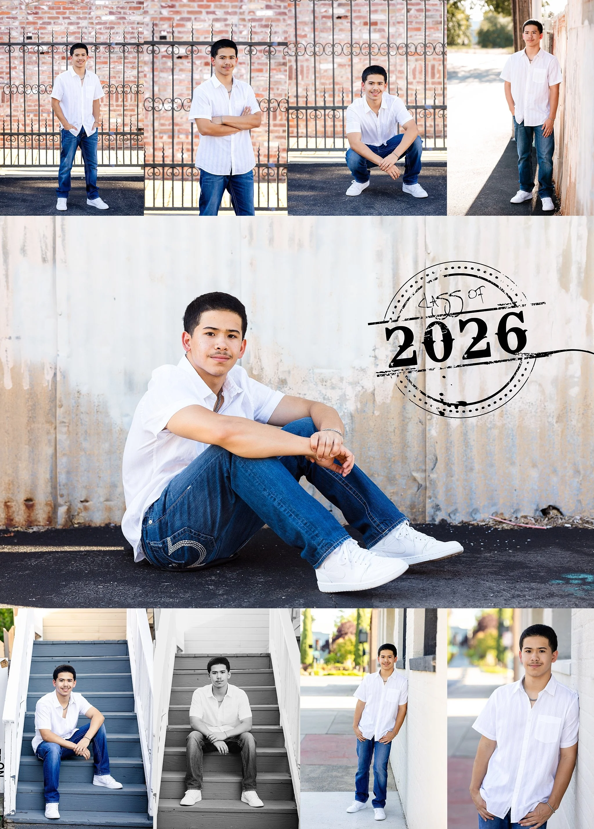 : Isaiah Le senior portraits in Old Elk Grove near iron gates, brick walls, and downtown alleyways