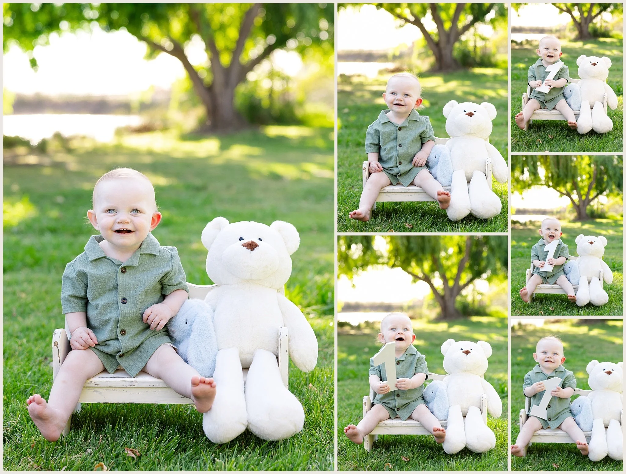 Jackson James Taylor-Smith sitting on a white bench with stuffed animals during his one-year milestone session at Camden Lake Park in Elk Grove
