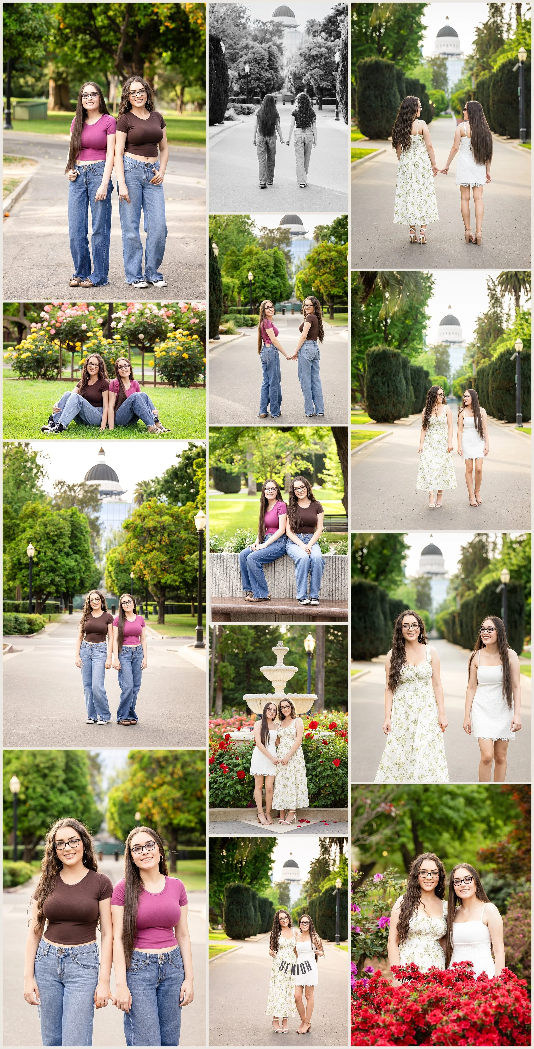 Laila and Sophia Baseer twin senior photos together at California State Capitol Park and rose garden in Sacramento walking and posing as sisters