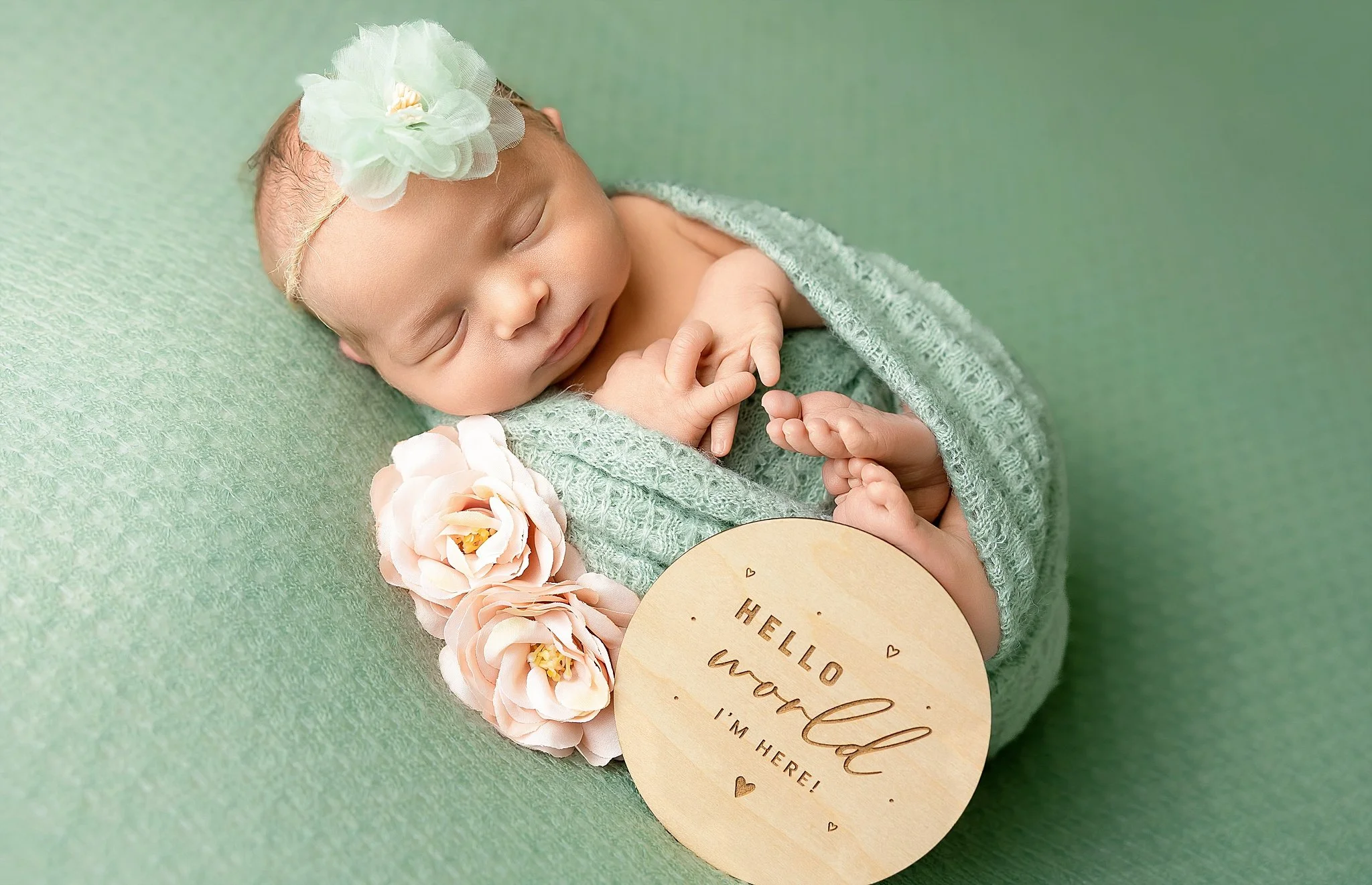 Newborn baby girl wrapped in sage green fabric with a floral headband and wooden hello world sign during a studio session in Elk Grove, California.
