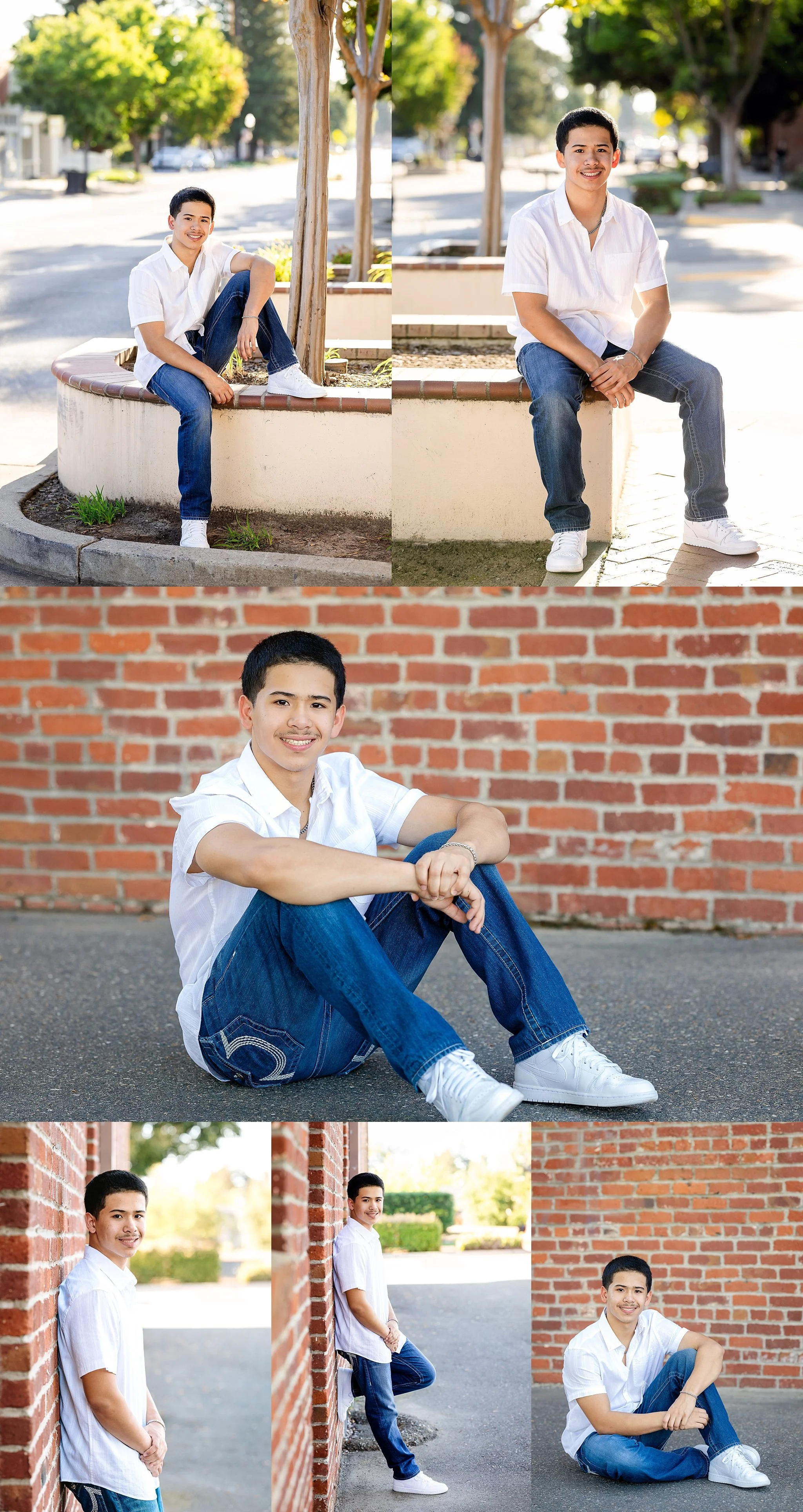 Isaiah Le senior portraits near brick walls and downtown streets in Old Elk Grove