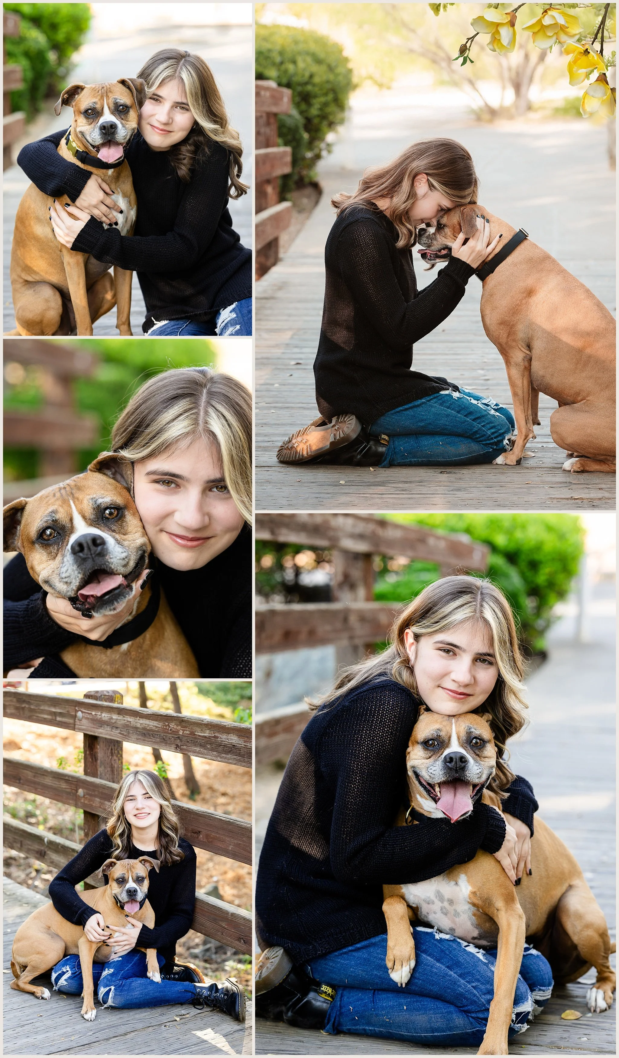 High school senior girl hugging her dog Gabby on wooden bridge in Rancho Murieta