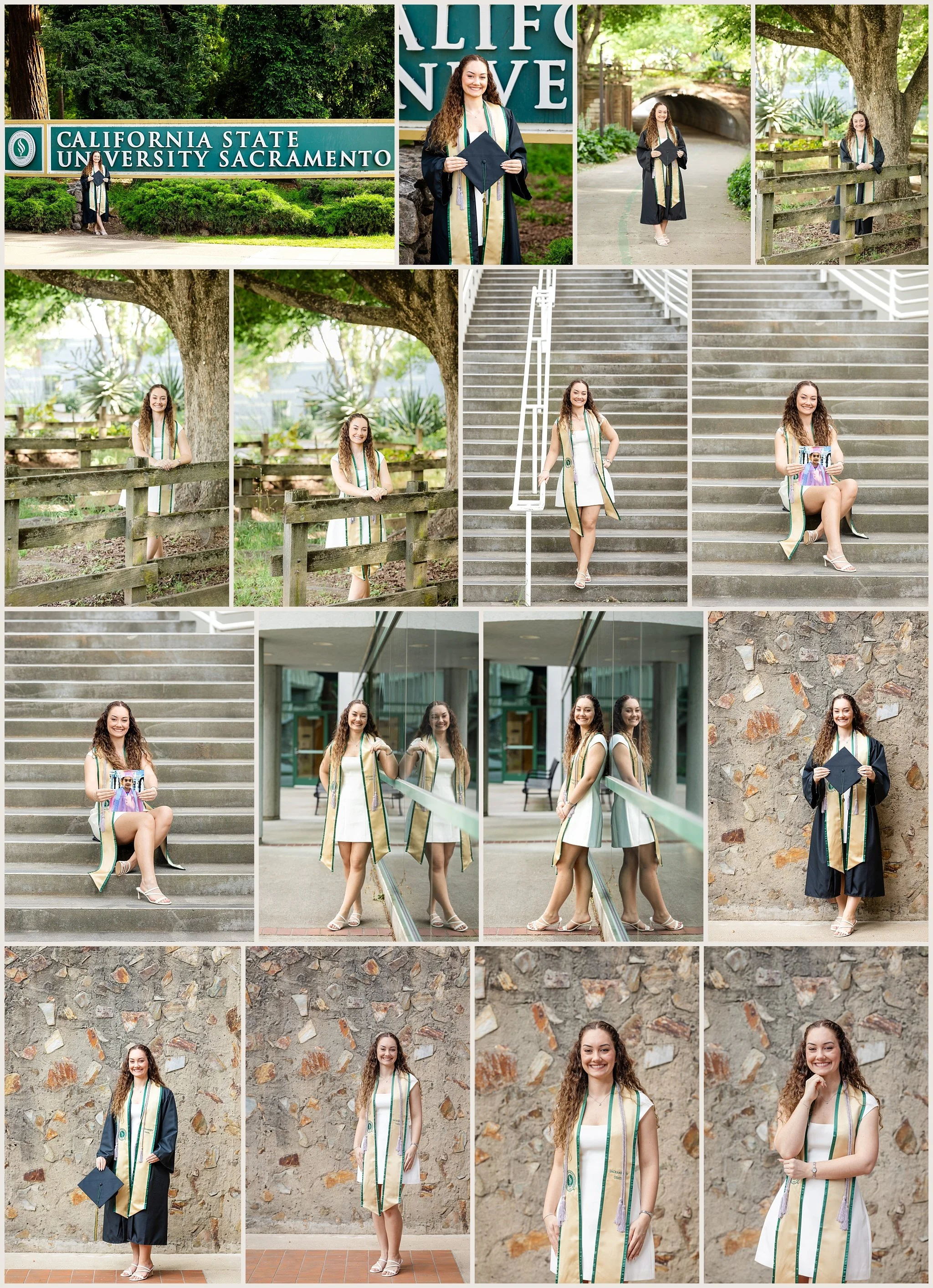 Sacramento State grad photos of Grace Pettit around campus including sign, trees, and walkways