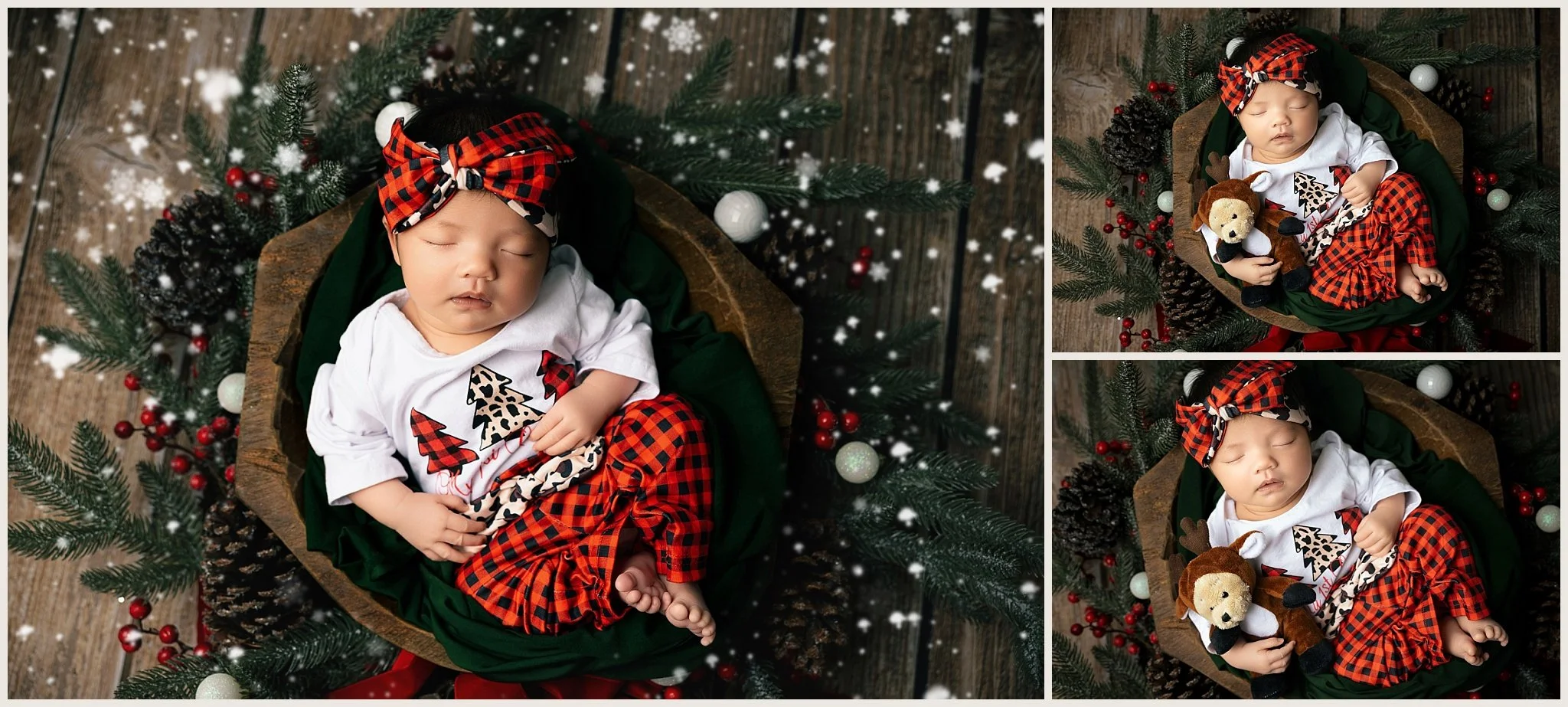Sophie posed in a bowl surrounded by a Christmas wreath wearing her first Christmas outfit during her newborn session
