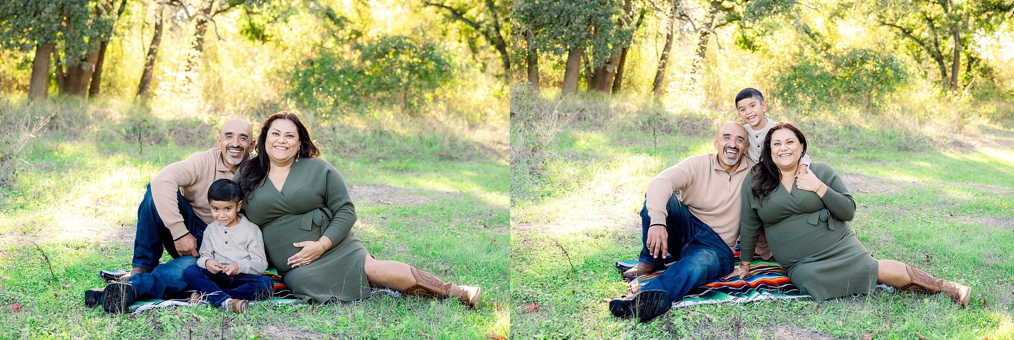 Relaxed family maternity photo with laughter during session at Cosumnes River Preserve